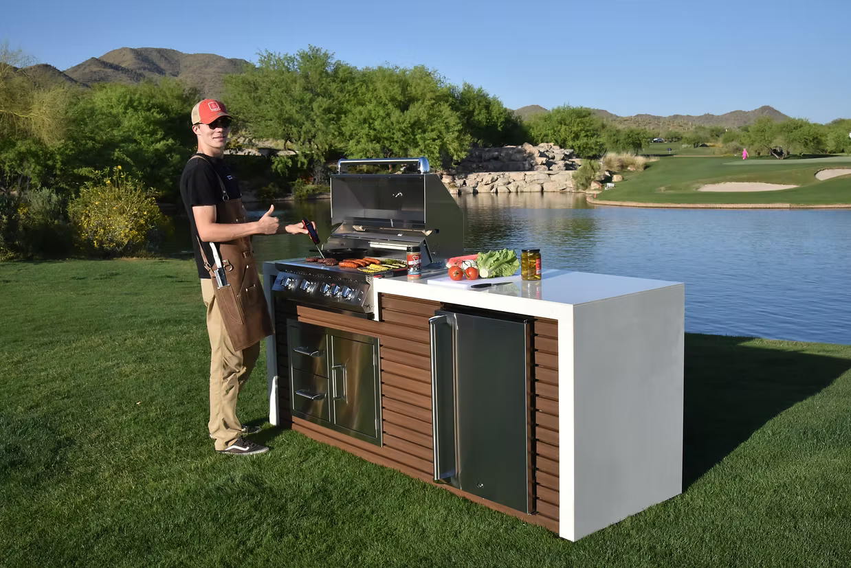 Professional Shiplap Outdoor Kitchen KoKoMo Grill With Waterfall Edge