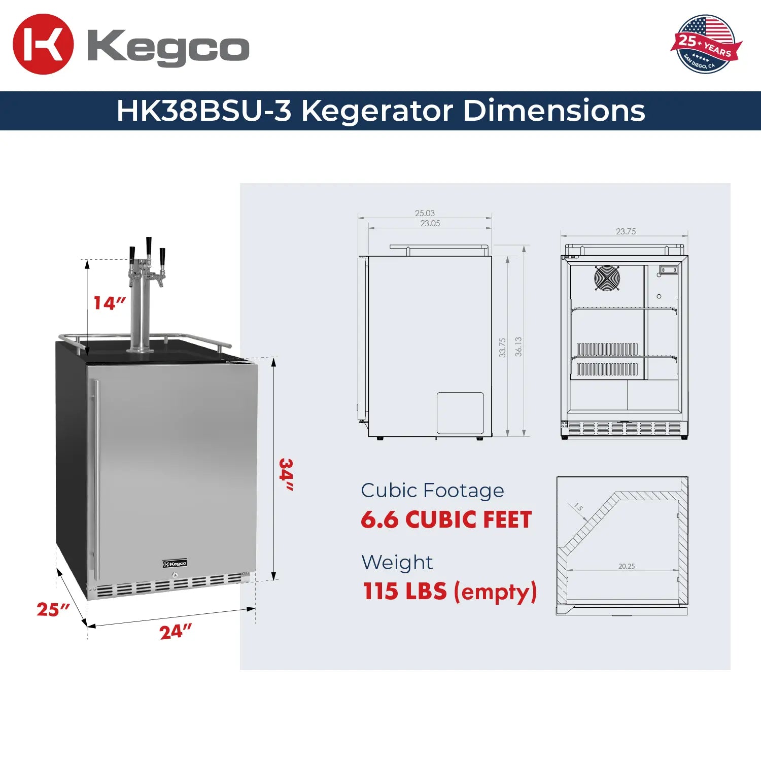 Kegco 24" Wide Cold Brew Coffee Triple Tap Black Commercial Built-In Right Hinge Kegerator-Indoor