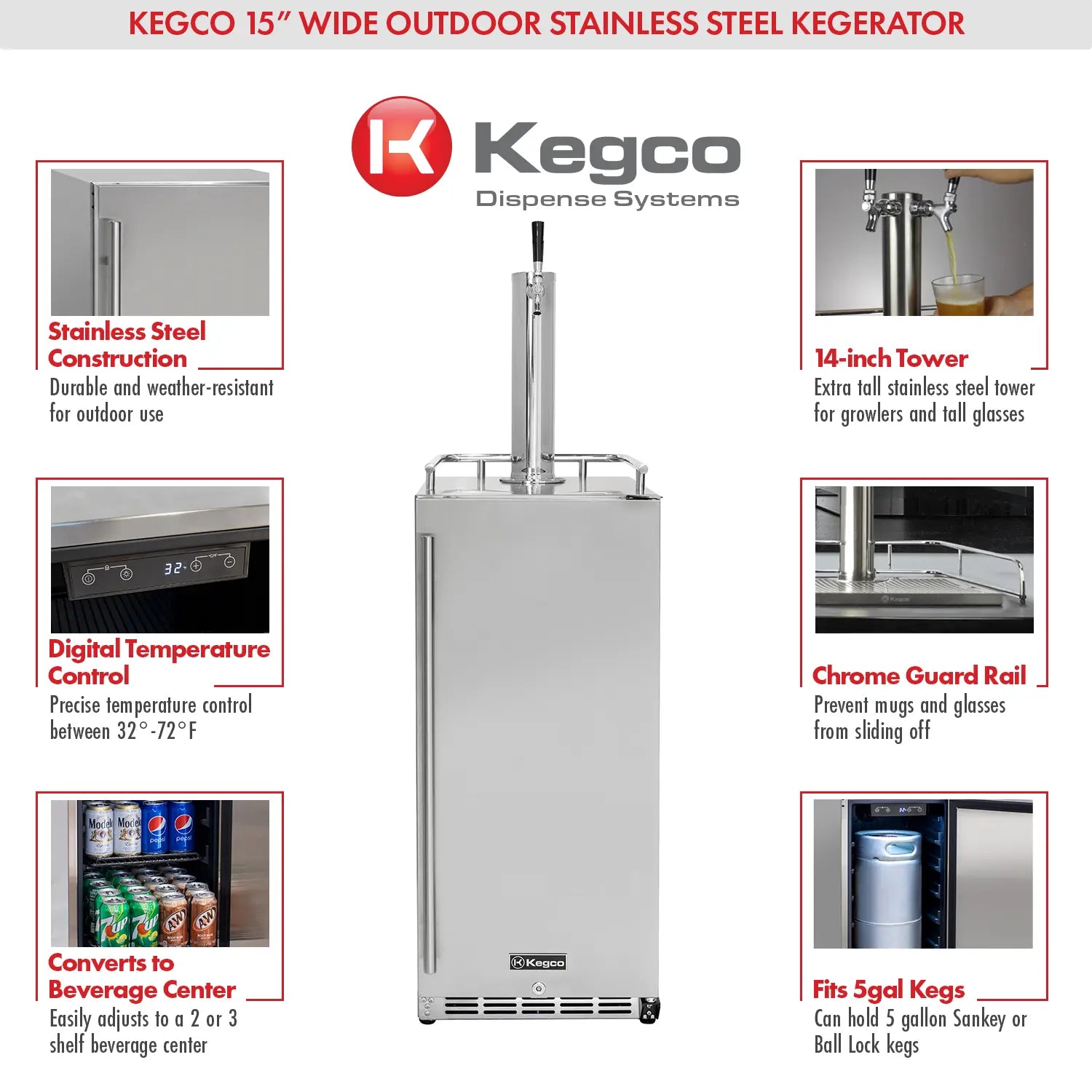 Kegco 15" Wide Outdoor Single Tap Stainless Steel Built-In Commercial Kegerator