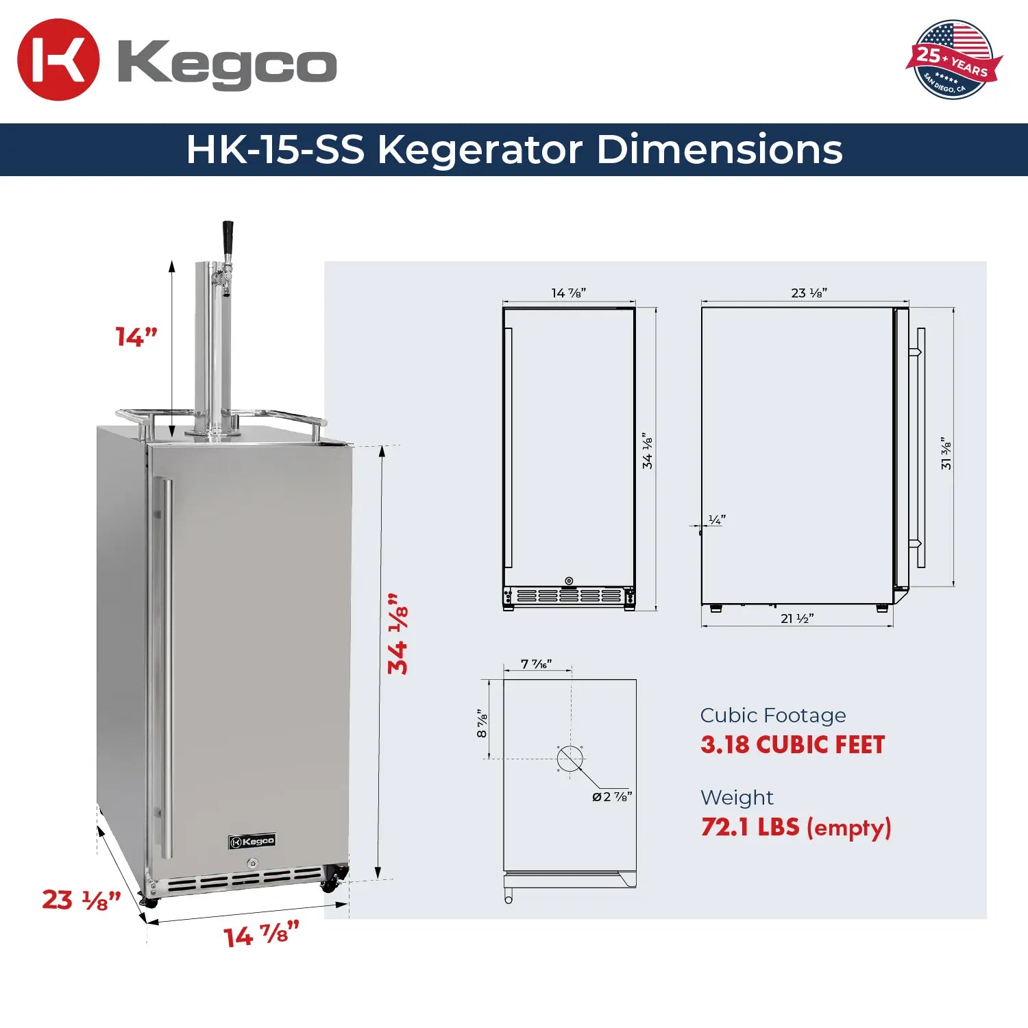 Kegco 15" Wide Outdoor Single Tap Stainless Steel Built-In Commercial Kegerator