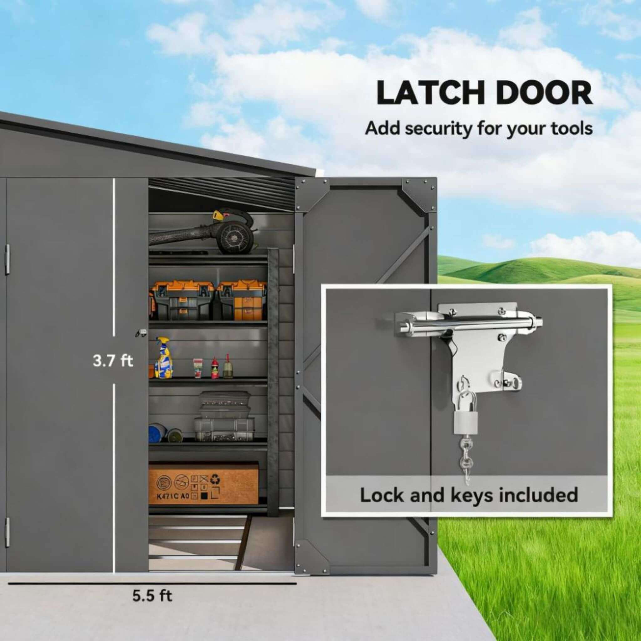 [05X09] Heavy-Duty Outdoor Galvanized Steel Storage Shed With Lockable Doors (SAK80637)