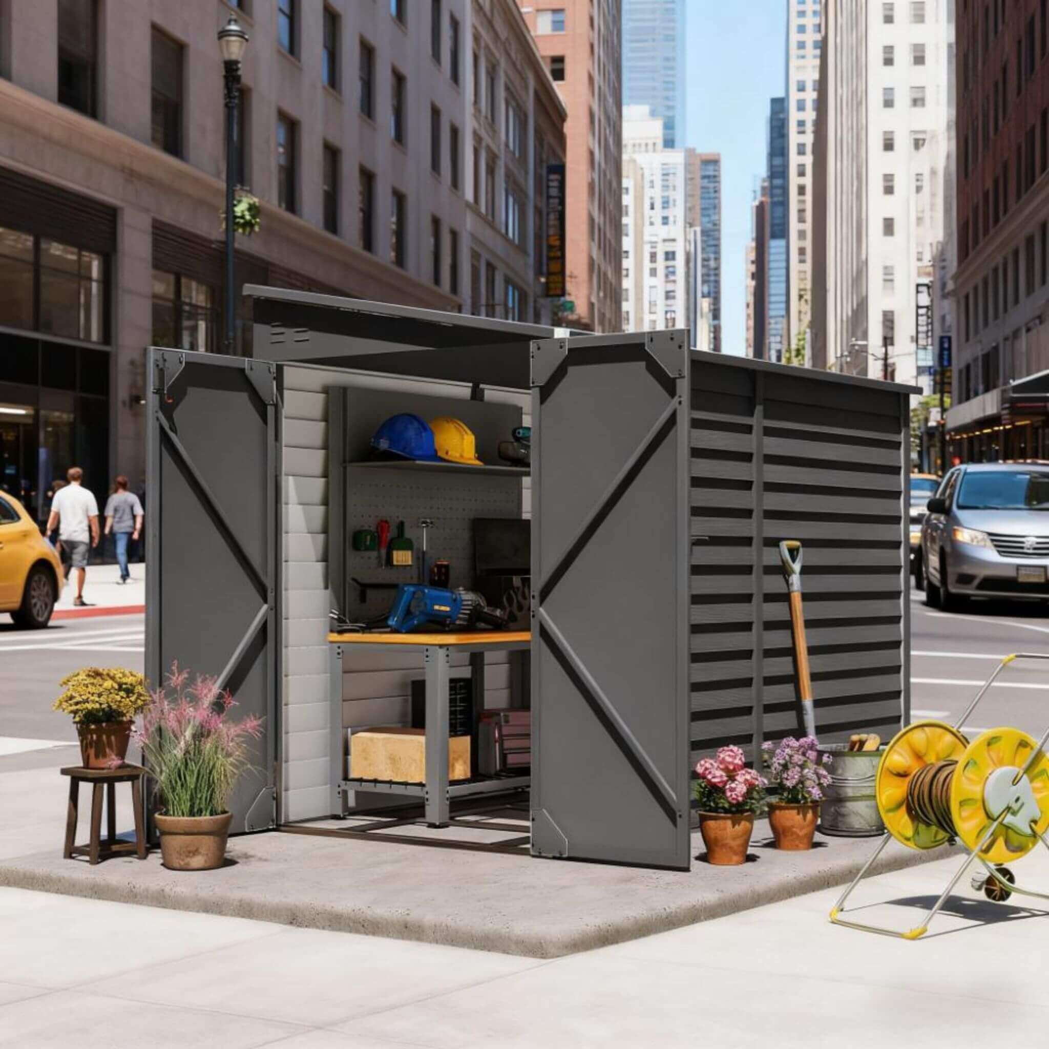 [05X09] Heavy-Duty Outdoor Galvanized Steel Storage Shed With Lockable Doors (SAK80637)