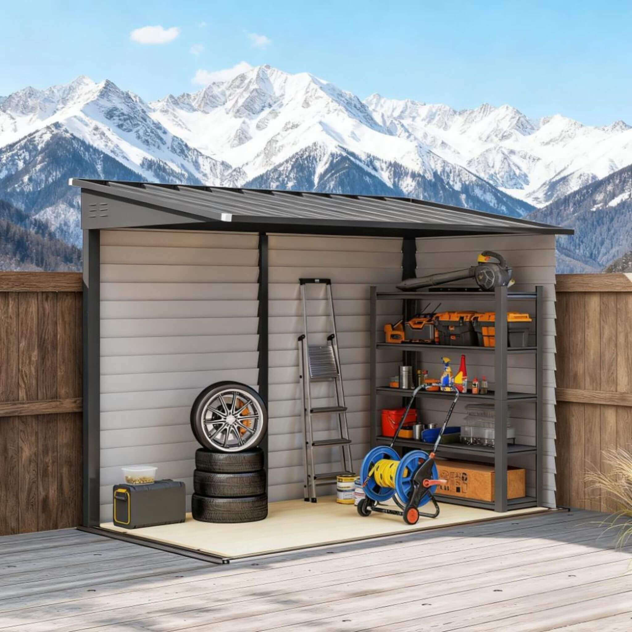 [05X09] Heavy-Duty Outdoor Galvanized Steel Storage Shed With Lockable Doors (SAK80637)