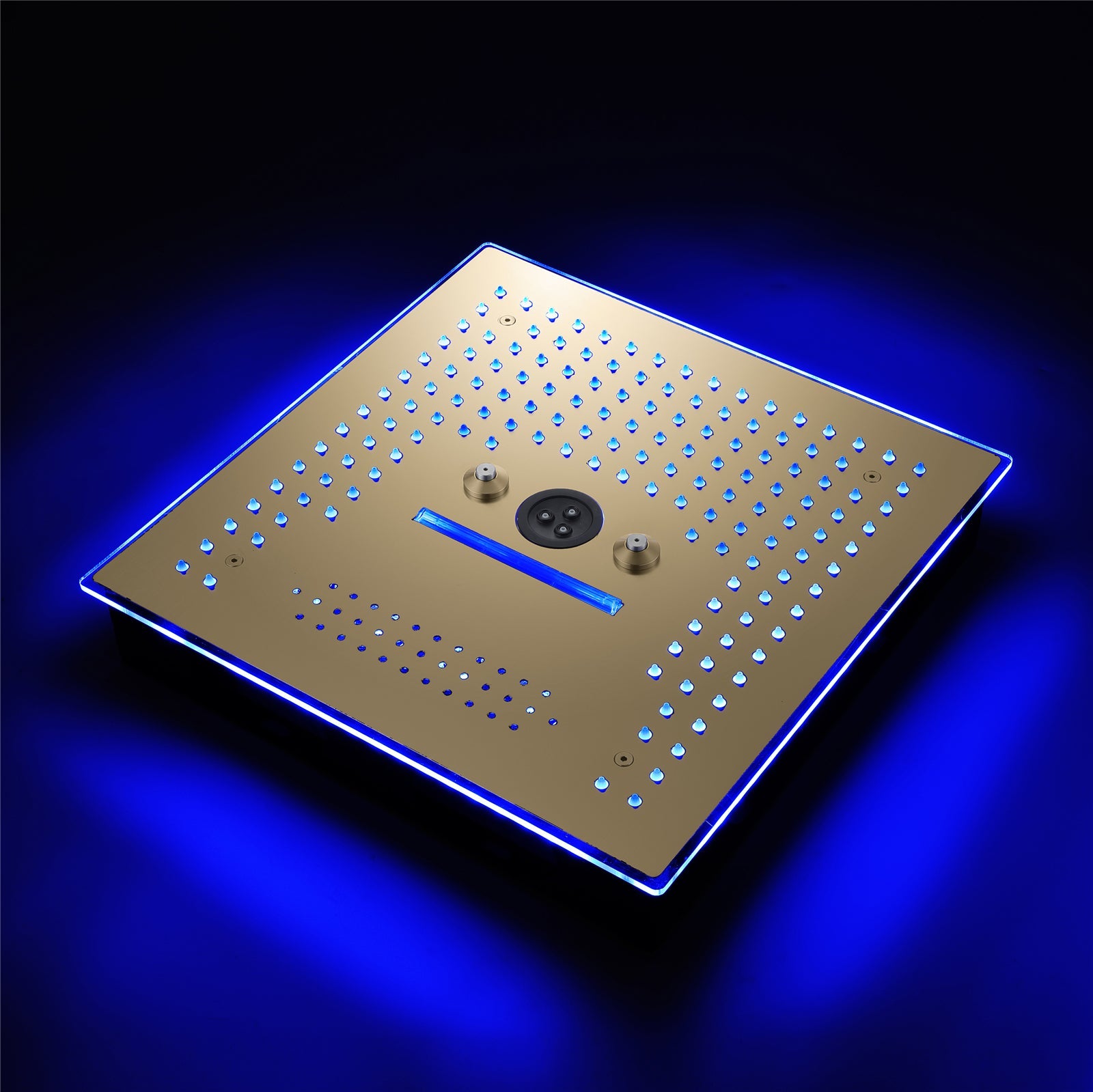 16-Inch Brushed Gold Flush-Mounted Rainfall, Waterfall, Mist, Hydro-Massage Shower Head with 64 LED Lights and Bluetooth Music - 5-Way Thermostatic Shower Faucet With Optional Digital Display