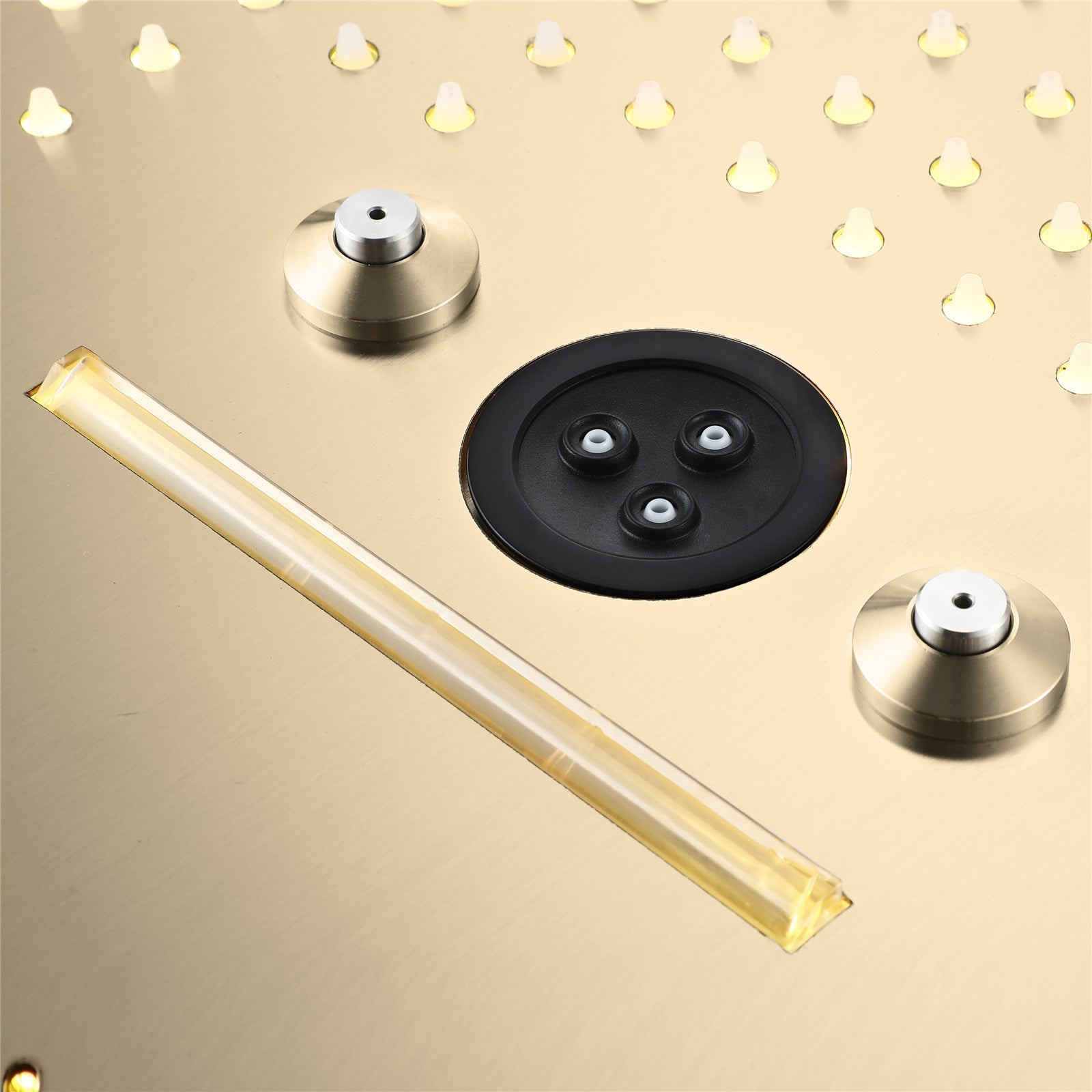 Flushed Mounted Brushed Gold 16'' x 16'' Shower Head: Featuring 64 LED Lights, Music, Rainfall, Waterfall, Mist, 360 Degrees Rotation, and Hydro Jet Technology