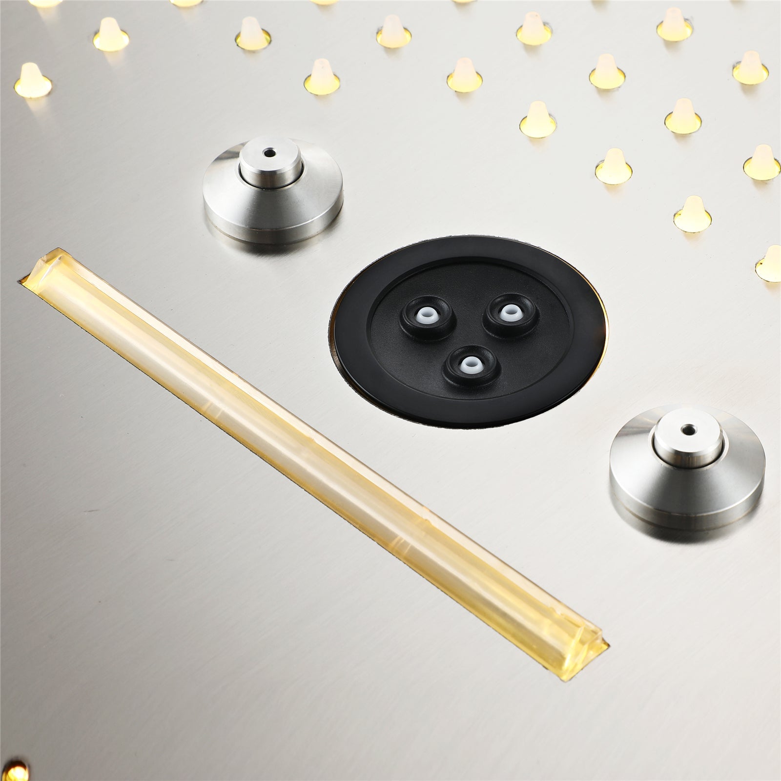 Flushed Mounted Brushed Nickel 16'' x 16'' Shower Head: Featuring 64 LED Lights, Music, Rainfall, Waterfall, Mist, 360 Degrees Rotation, and Hydro Jet Technology