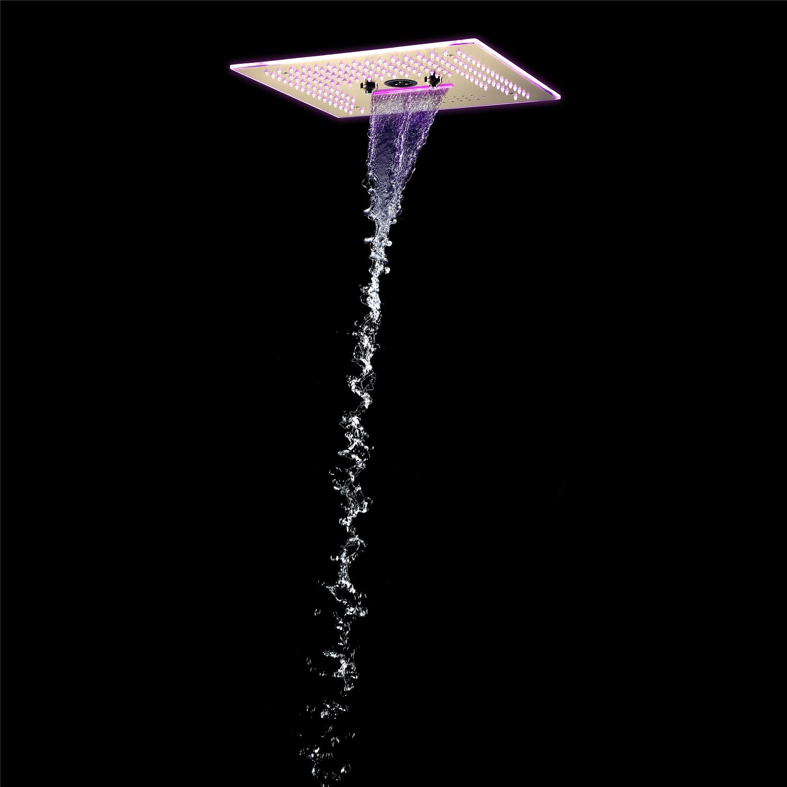 Flushed Mounted Brushed Gold 16'' x 16'' Shower Head: Featuring 64 LED Lights, Music, Rainfall, Waterfall, Mist, 360 Degrees Rotation, and Hydro Jet Technology
