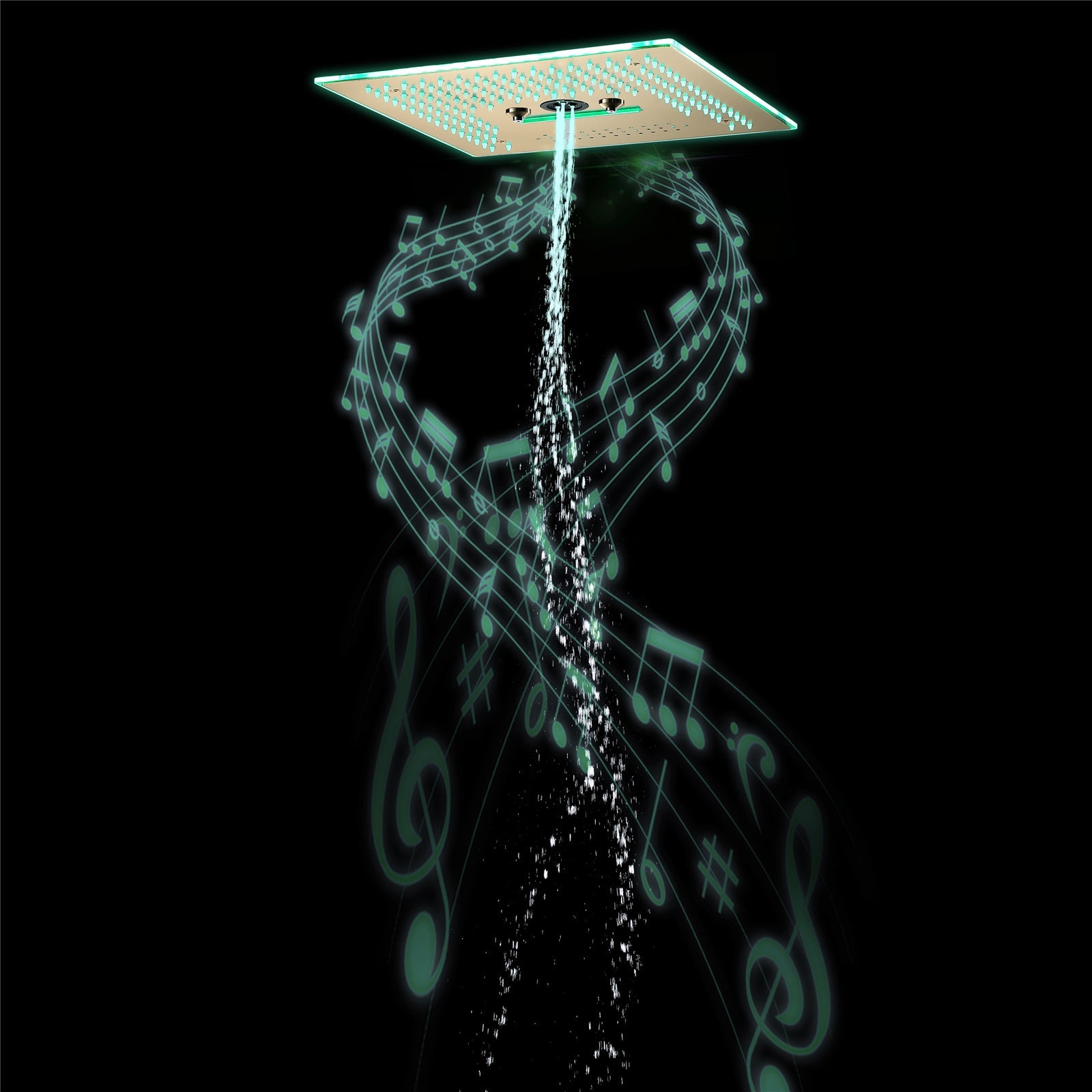 Flushed Mounted Brushed Gold 16'' x 16'' Shower Head: Featuring 64 LED Lights, Music, Rainfall, Waterfall, Mist, 360 Degrees Rotation, and Hydro Jet Technology