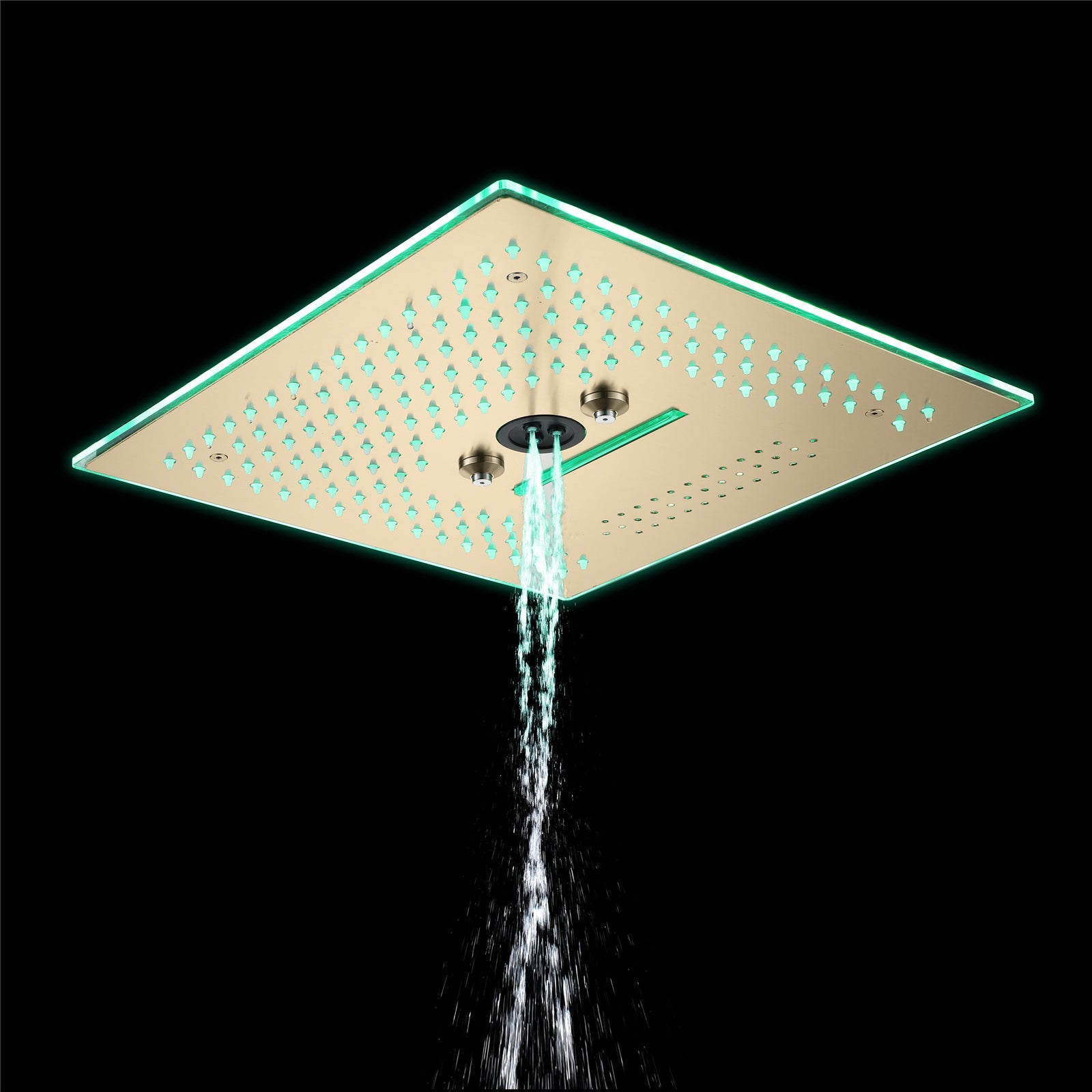 Flushed Mounted Brushed Gold 16'' x 16'' Shower Head: Featuring 64 LED Lights, Music, Rainfall, Waterfall, Mist, 360 Degrees Rotation, and Hydro Jet Technology