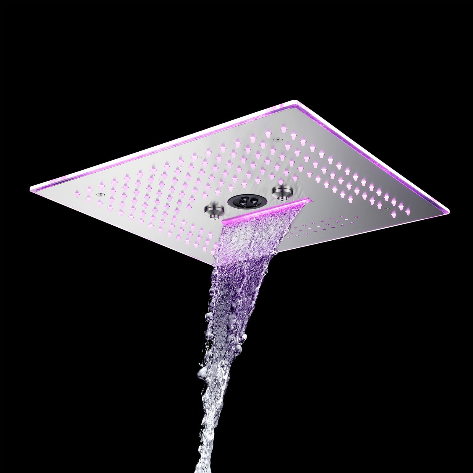 Flushed Mounted Brushed Nickel 16'' x 16'' Shower Head: Featuring 64 LED Lights, Music, Rainfall, Waterfall, Mist, 360 Degrees Rotation, and Hydro Jet Technology