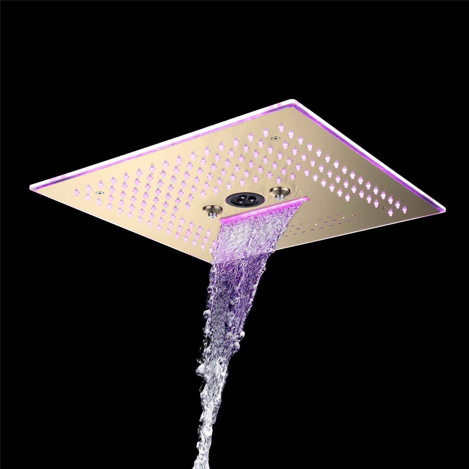 Flushed Mounted Brushed Gold 16'' x 16'' Shower Head: Featuring 64 LED Lights, Music, Rainfall, Waterfall, Mist, 360 Degrees Rotation, and Hydro Jet Technology