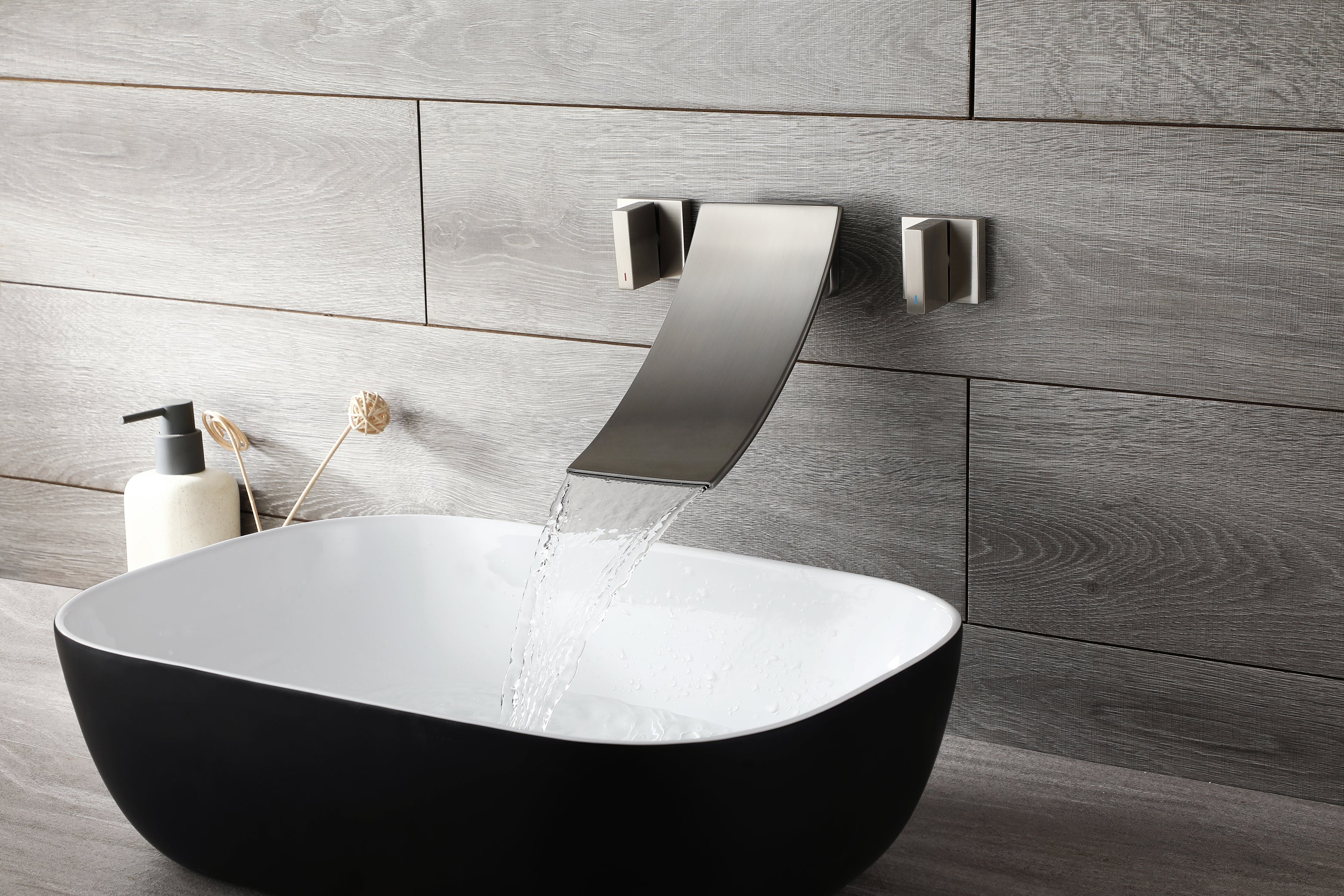 Brushed Nickel Wall Mount Waterfall Bathroom Sink Faucet with Overflow Brass Pop-Up Drain