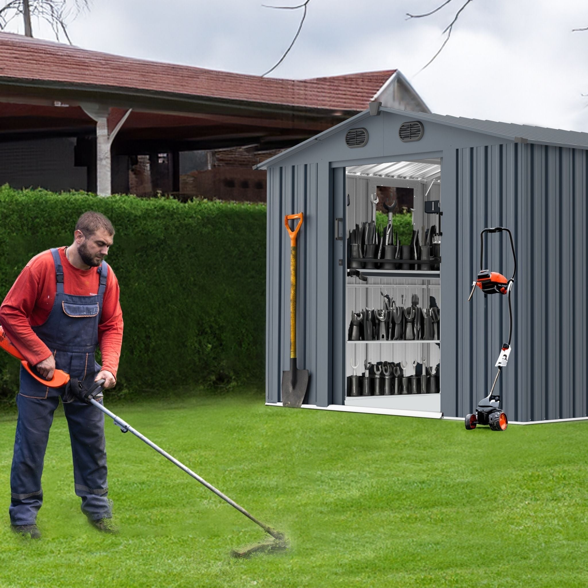 [08X10FT] Large Outdoor Metal Backyard Garden Storage Tool Shed With Window And Lockable Doors (SAK68140)
