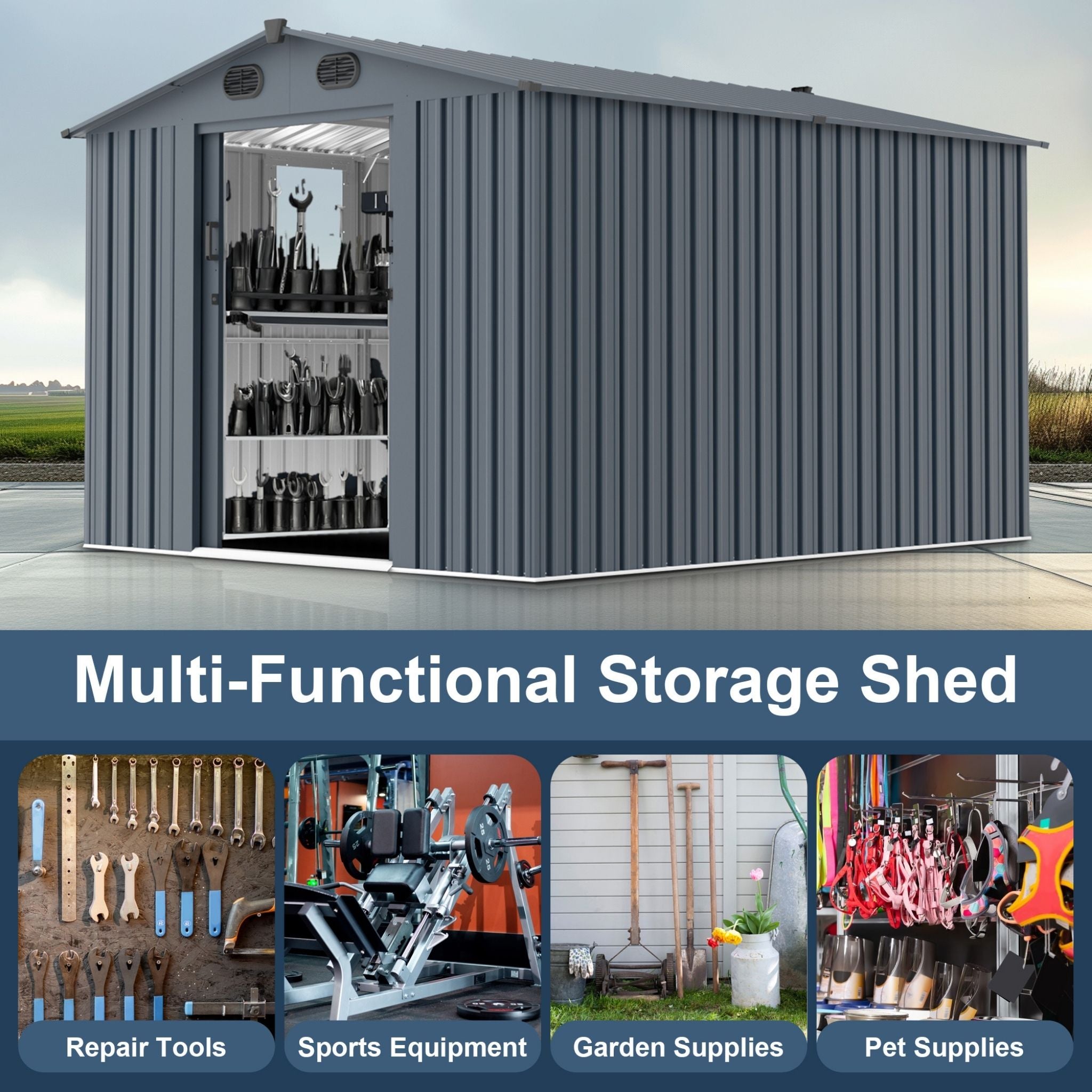 [08X10FT] Large Outdoor Metal Backyard Garden Storage Tool Shed With Window And Lockable Doors (SAK68140)