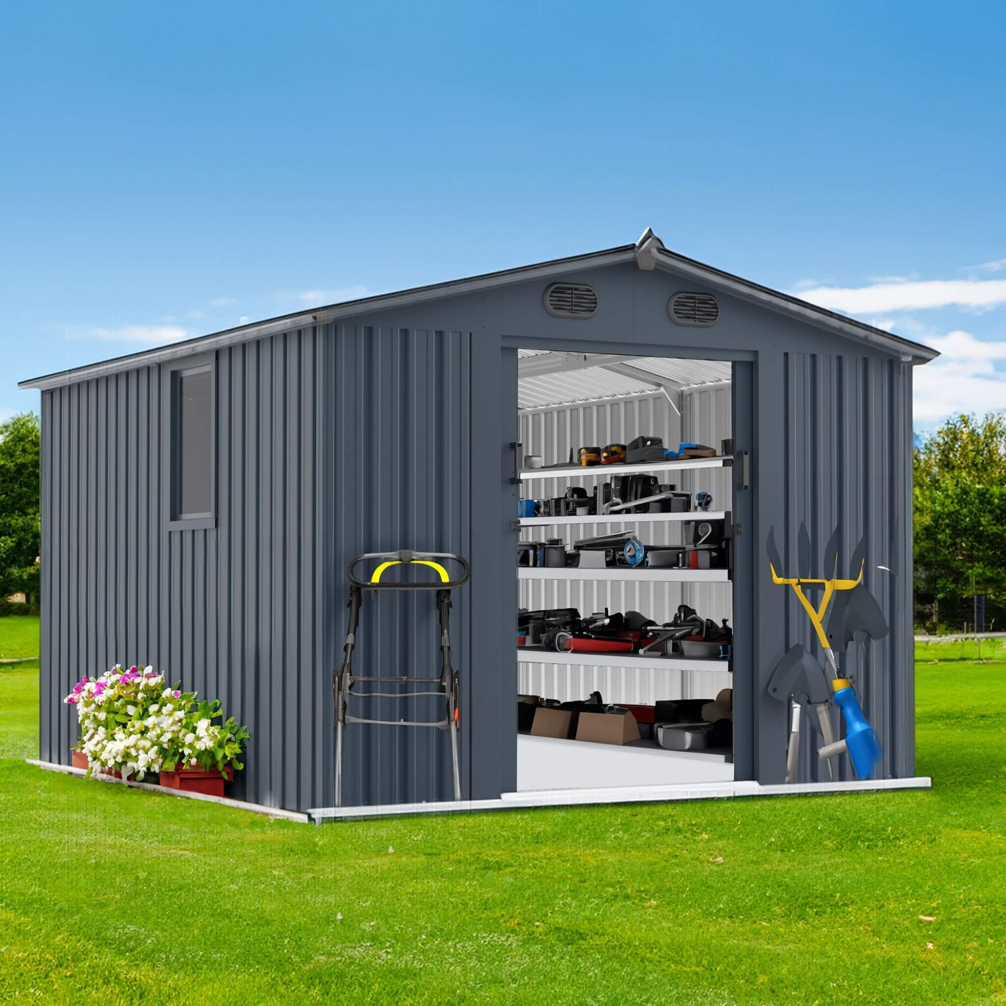 [08X10FT] Alora Large Outdoor Metal Storage Tool Shed With Window And Lockable Doors (SAK32987)