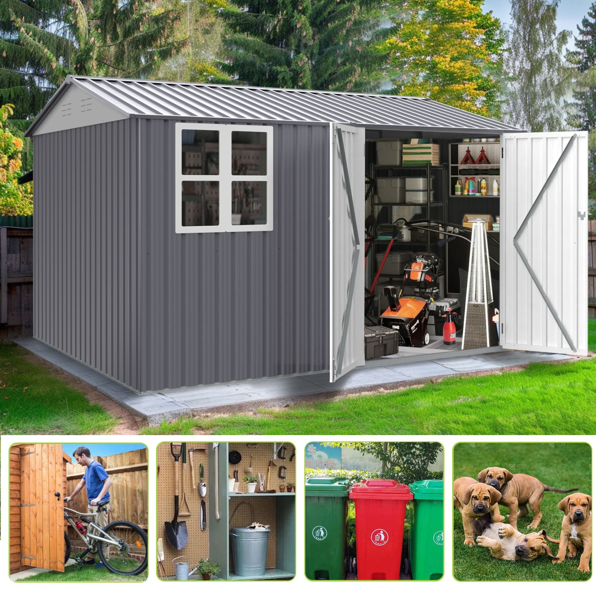 [08X10FT] Alora Outdoor Garden Tool Shed With Thickened Galvanized Steel, Sloped Roof, Vents And Double Lockable Doors (SAK66582)