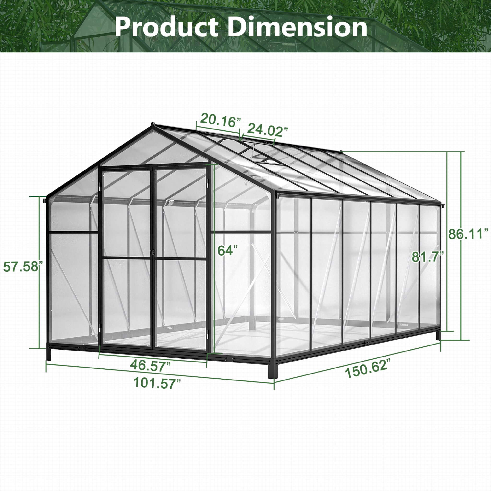 [08X12FT] Large Outdoor Heavy-Duty Polycarbonate Walk-In Greenhouse With Double Swing Doors And Two Ventilation Windows (SAK73651)
