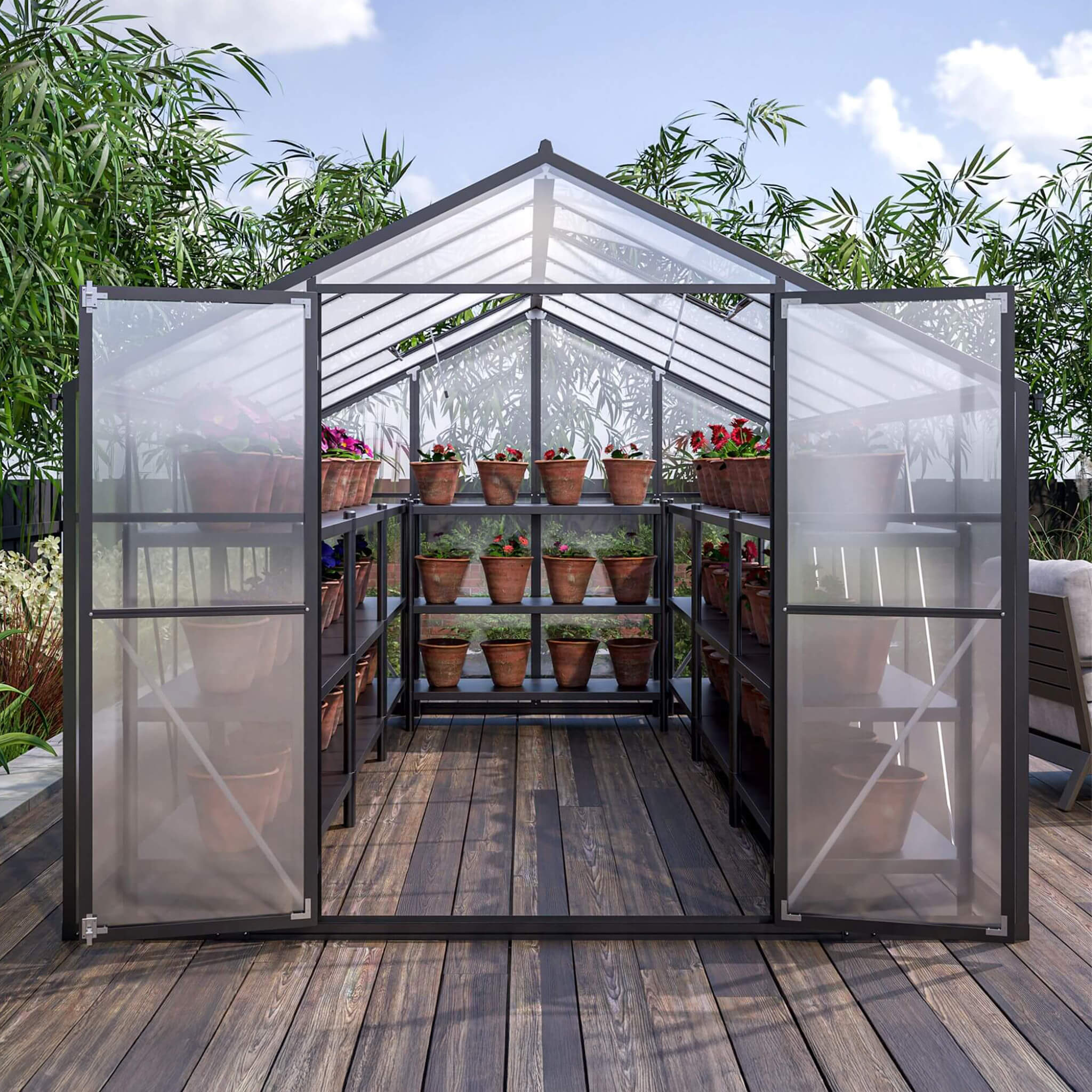 [08X12FT] Large Outdoor Heavy-Duty Polycarbonate Walk-In Greenhouse With Double Swing Doors And Two Ventilation Windows (SAK73651)