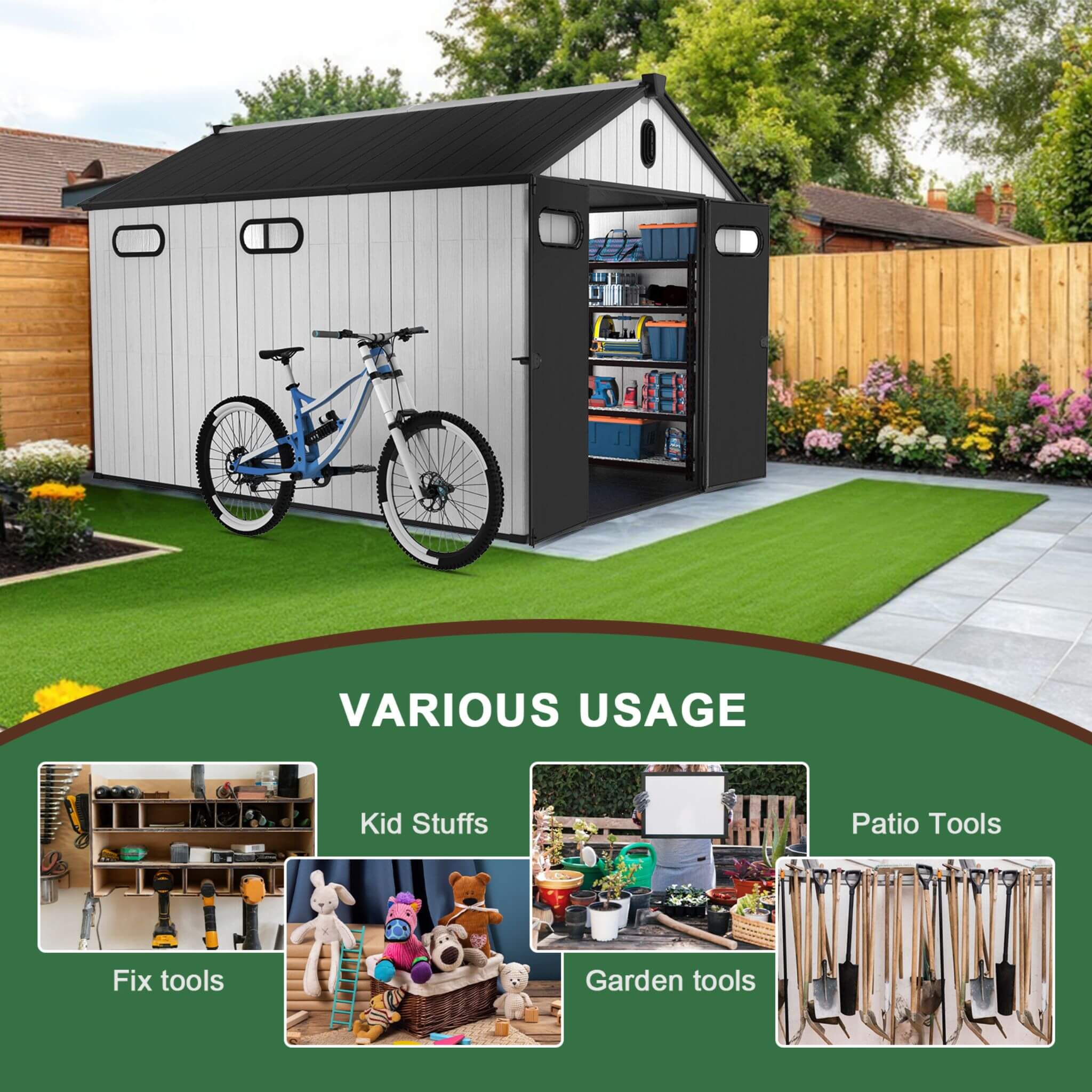 [08X12FT] Alora Large Polypropylene Storage Shed With Reinforced Floor And Lockable Swing Doors (SAK07451)