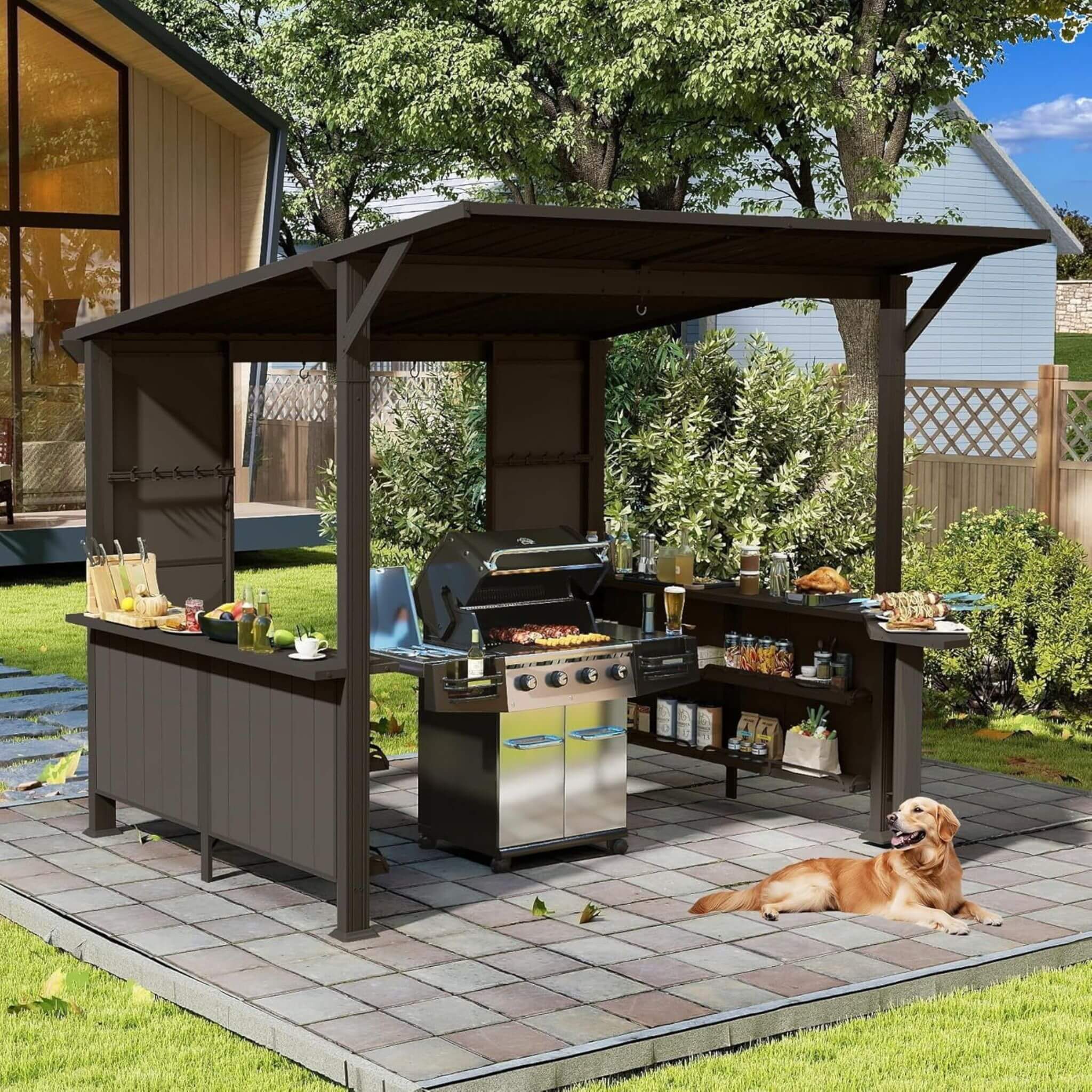 [09X10FT] Alora Premium Outdoor Hardtop Grill Gazebo With Shelves (SAK90431)