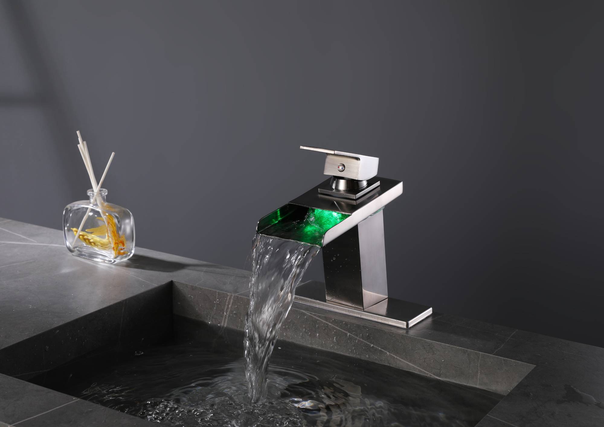 Brushed nickel waterfall 3 LED light single handle brass bathroom faucet with pop up brass drain