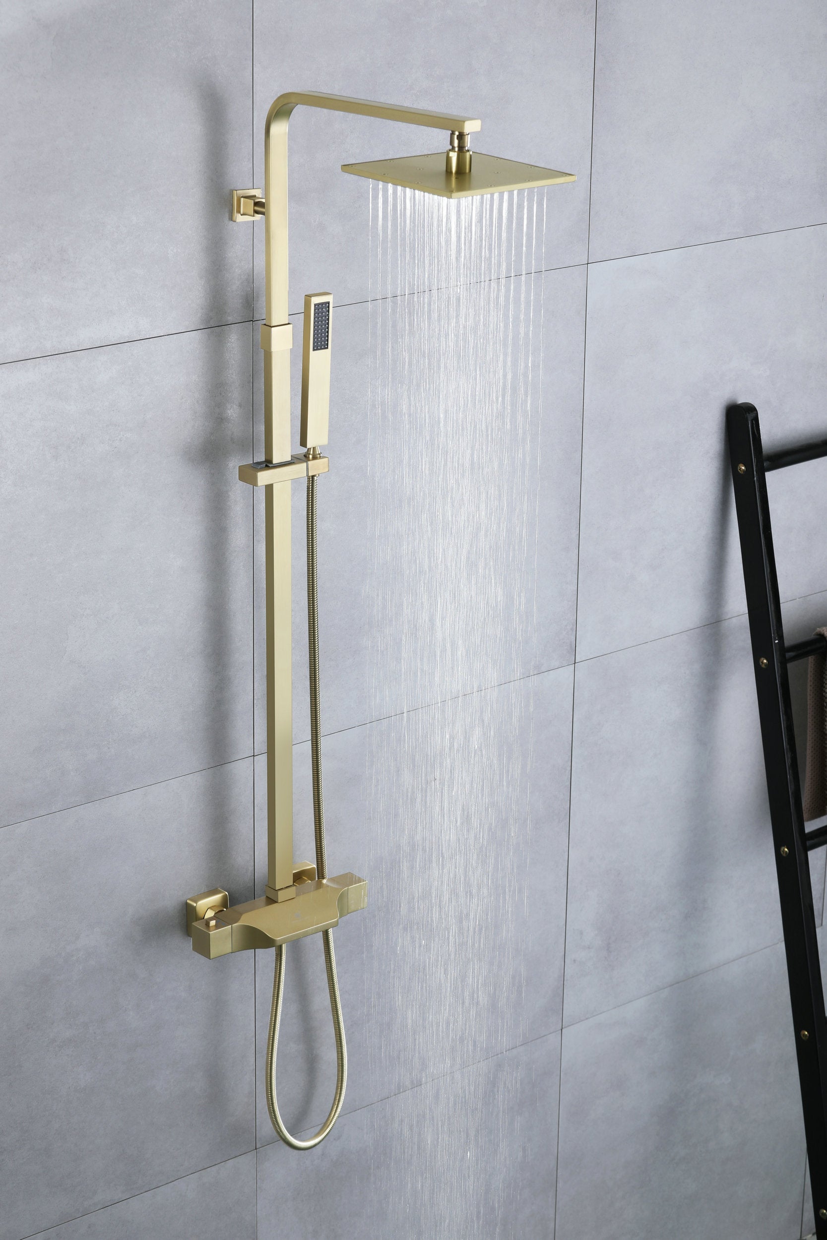 Luxurious Brushed Gold Or Matte black Wall-Mounted Thermostatic Rain Exposed Shower Set with Tub Spout