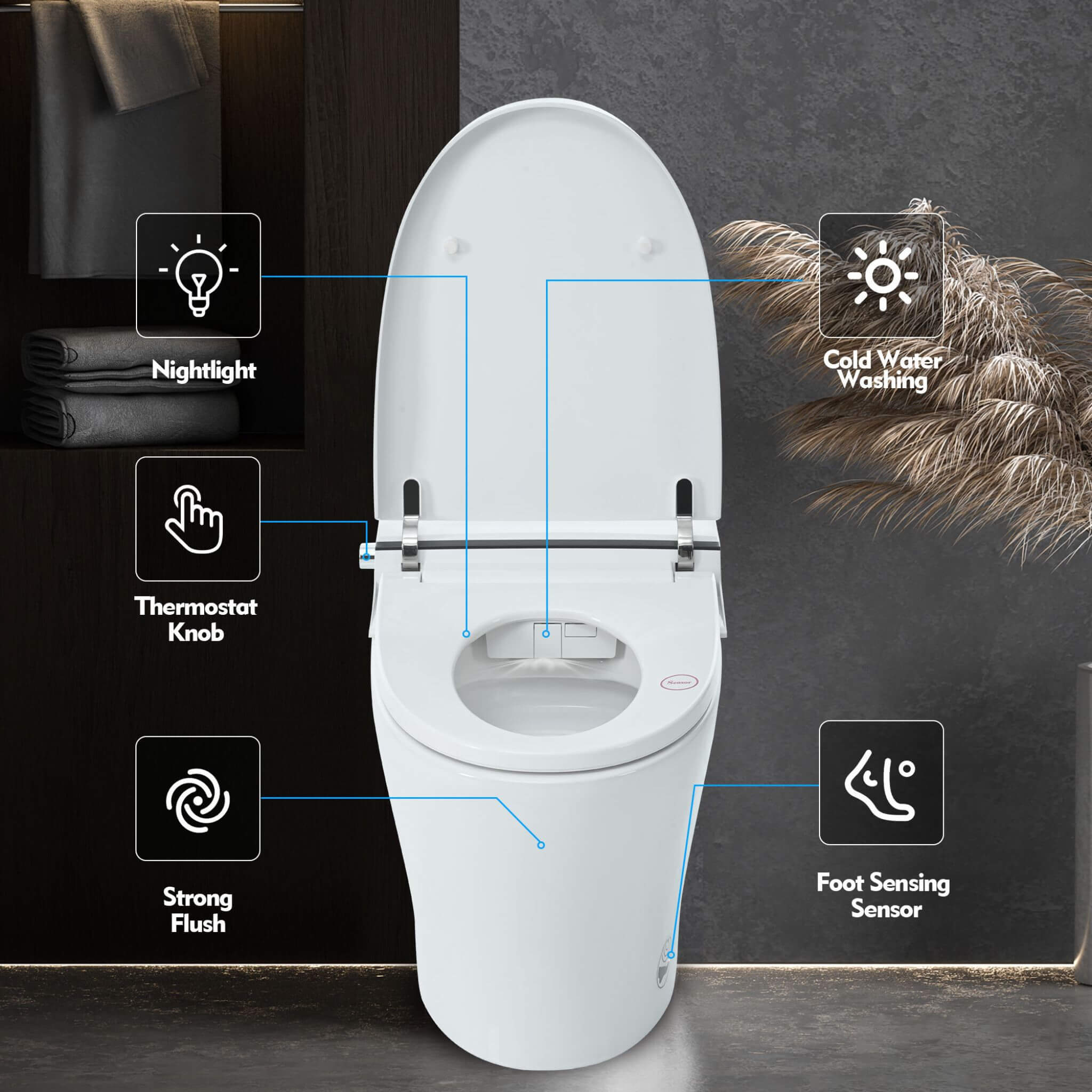 Nuvia 1/1.28 GPF Smart Compact Dual Flush Tankless Toilet Bidet Combo With Self-Cleaning Nozzle And Foot Sensor Flush (SAK58021)