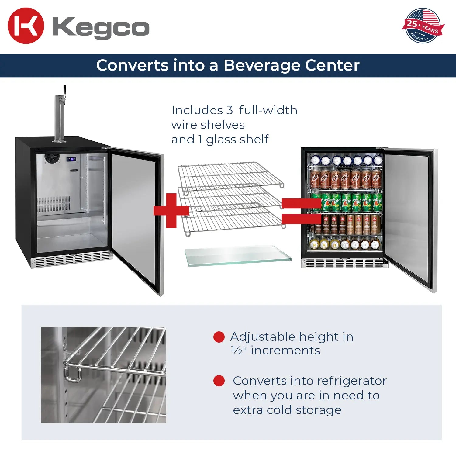 Kegco 24" Wide Single Tap Stainless Steel Built-In Right Hinge ADA Kegerator with Kit