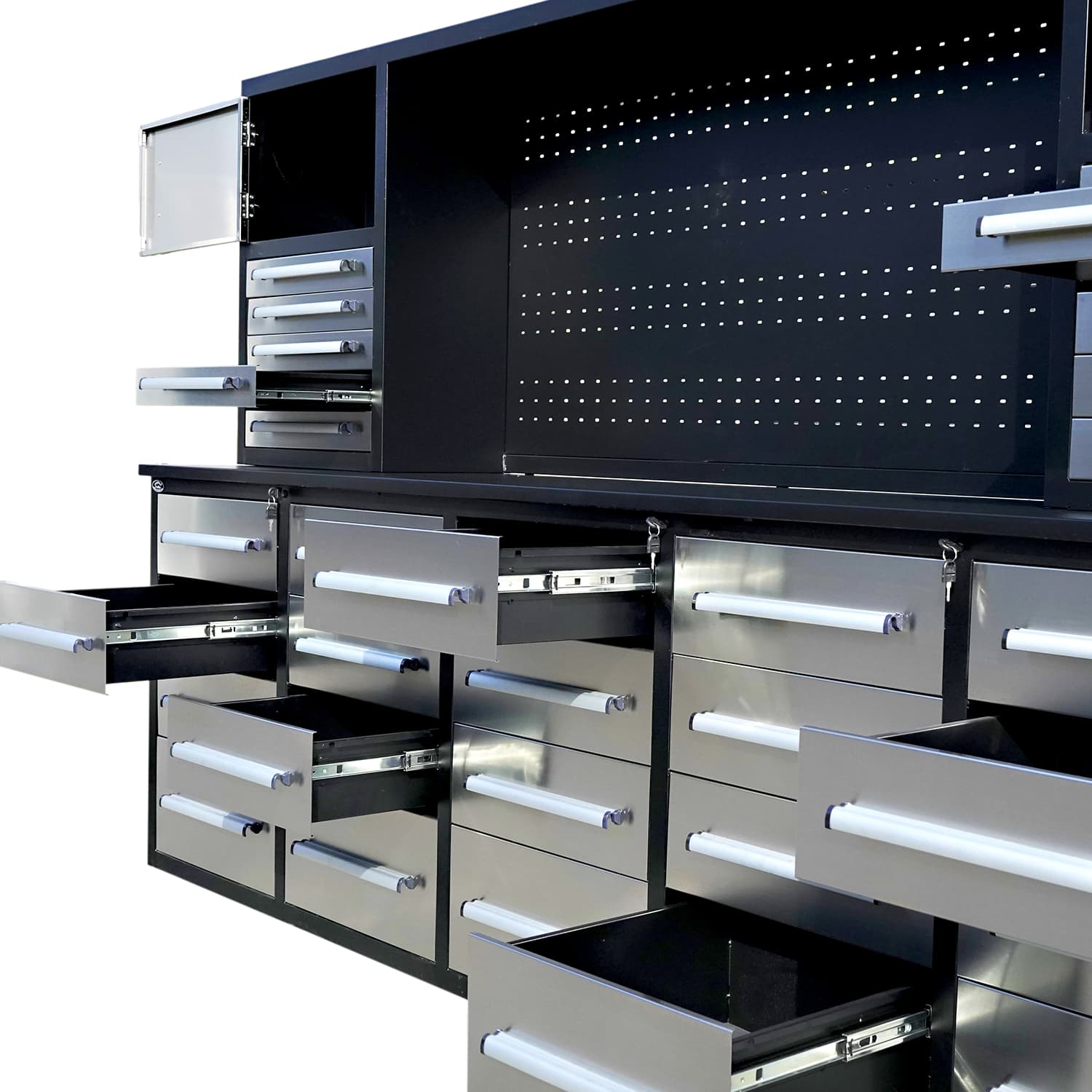 10ft Workbench Cabinet(30 Drawers, 2 Cabinets & 1 Pegboard)