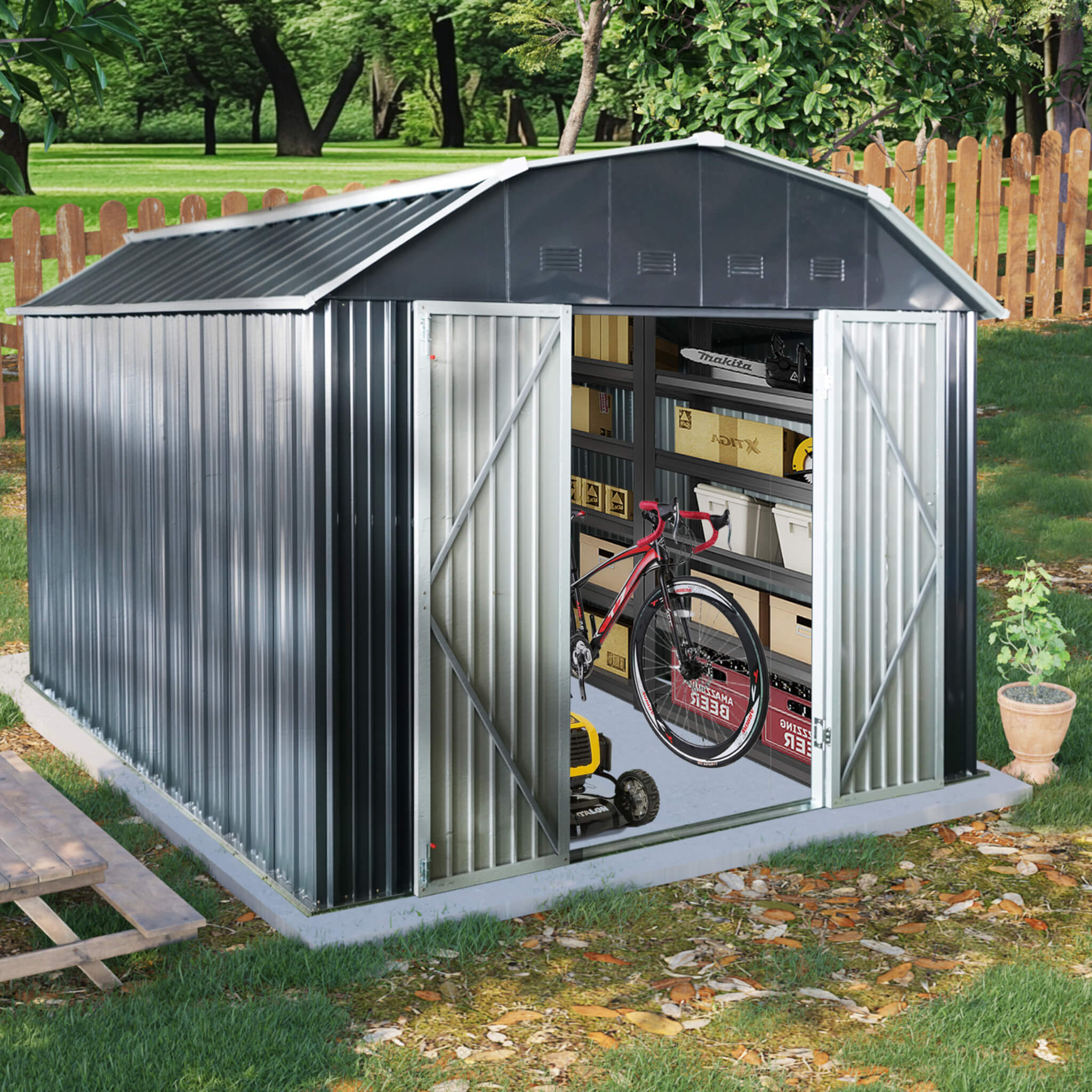 [10X12FT] Alora Heavy-Duty Outdoor Metal Garden Backyard Shed With Arch Roof And Lockable Doors (SAK57431)
