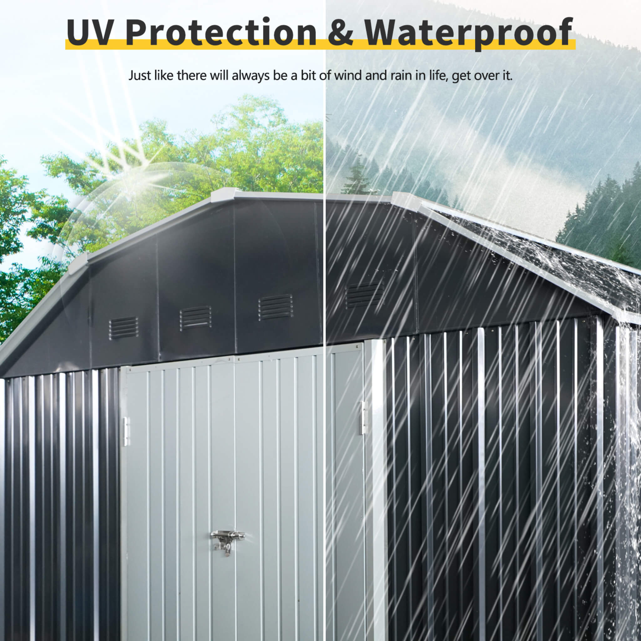 [10X12FT] Alora Heavy-Duty Outdoor Metal Garden Backyard Shed With Arch Roof And Lockable Doors (SAK57431)