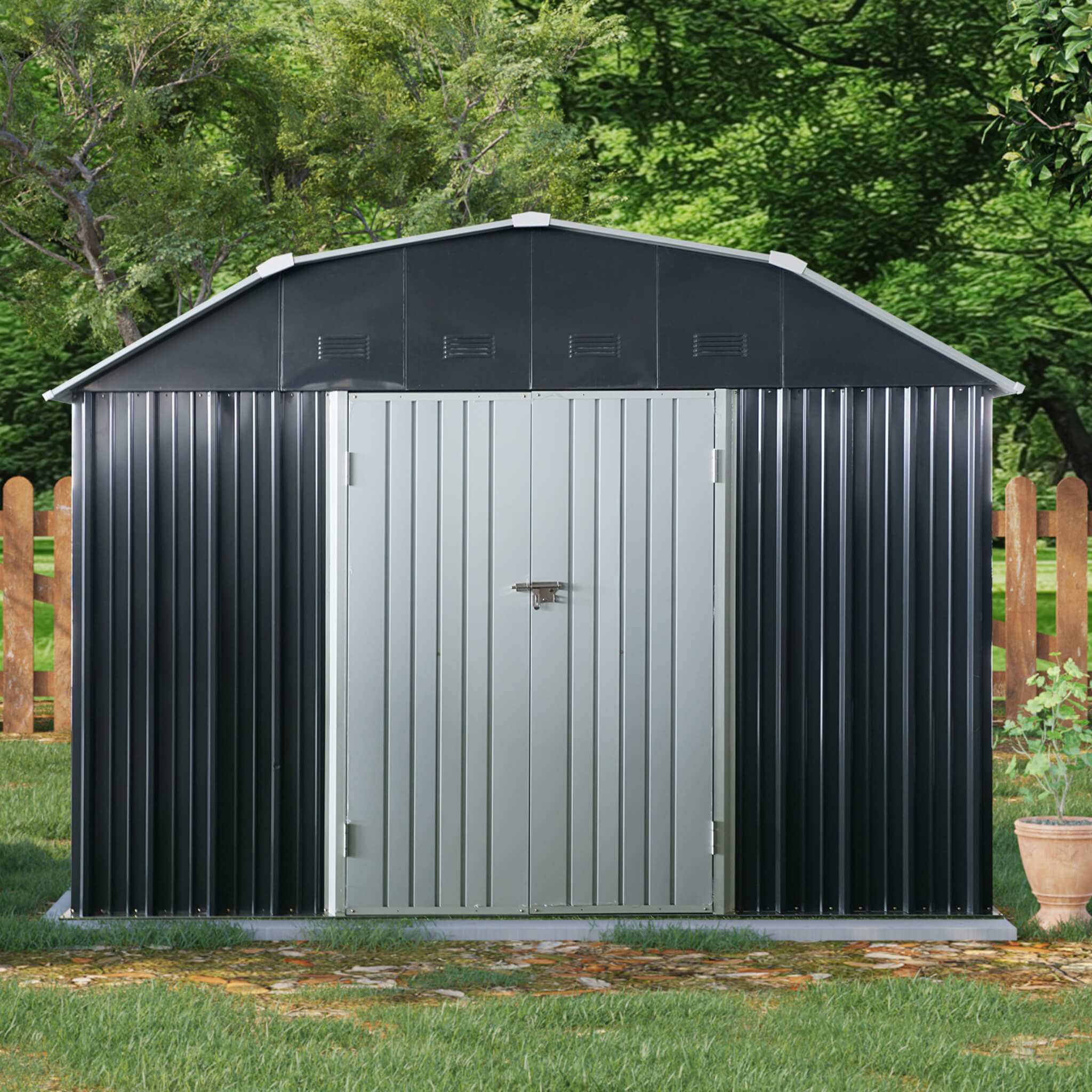 [10X12FT] Alora Heavy-Duty Outdoor Metal Garden Backyard Shed With Arch Roof And Lockable Doors (SAK57431)