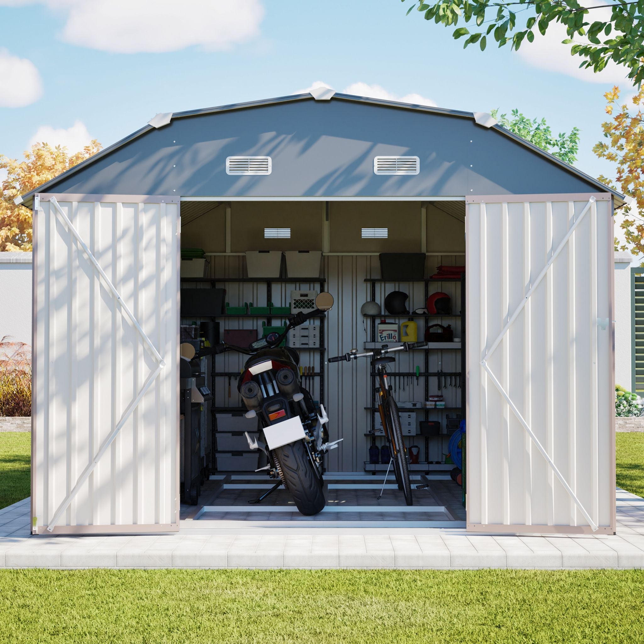 [10X12FT] Alora Heavy-Duty Outdoor Metal Storage Shed With Floor (SAK91820)