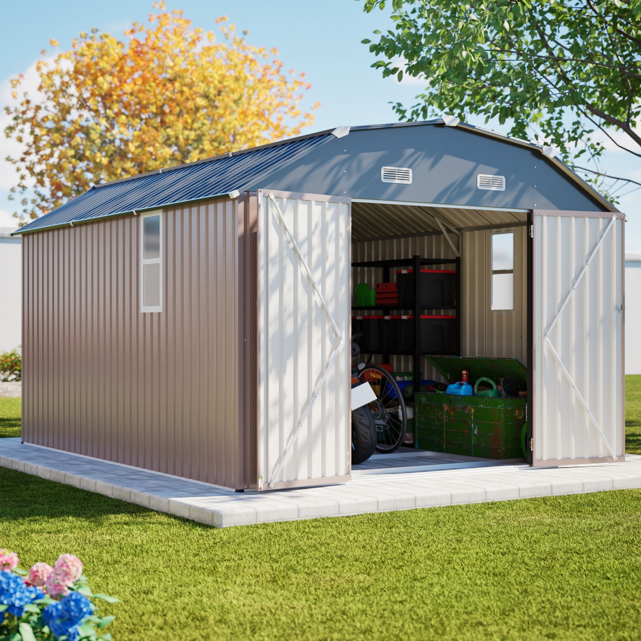 [10X12FT] Alora Heavy-Duty Outdoor Metal Storage Shed With Floor (SAK91820)