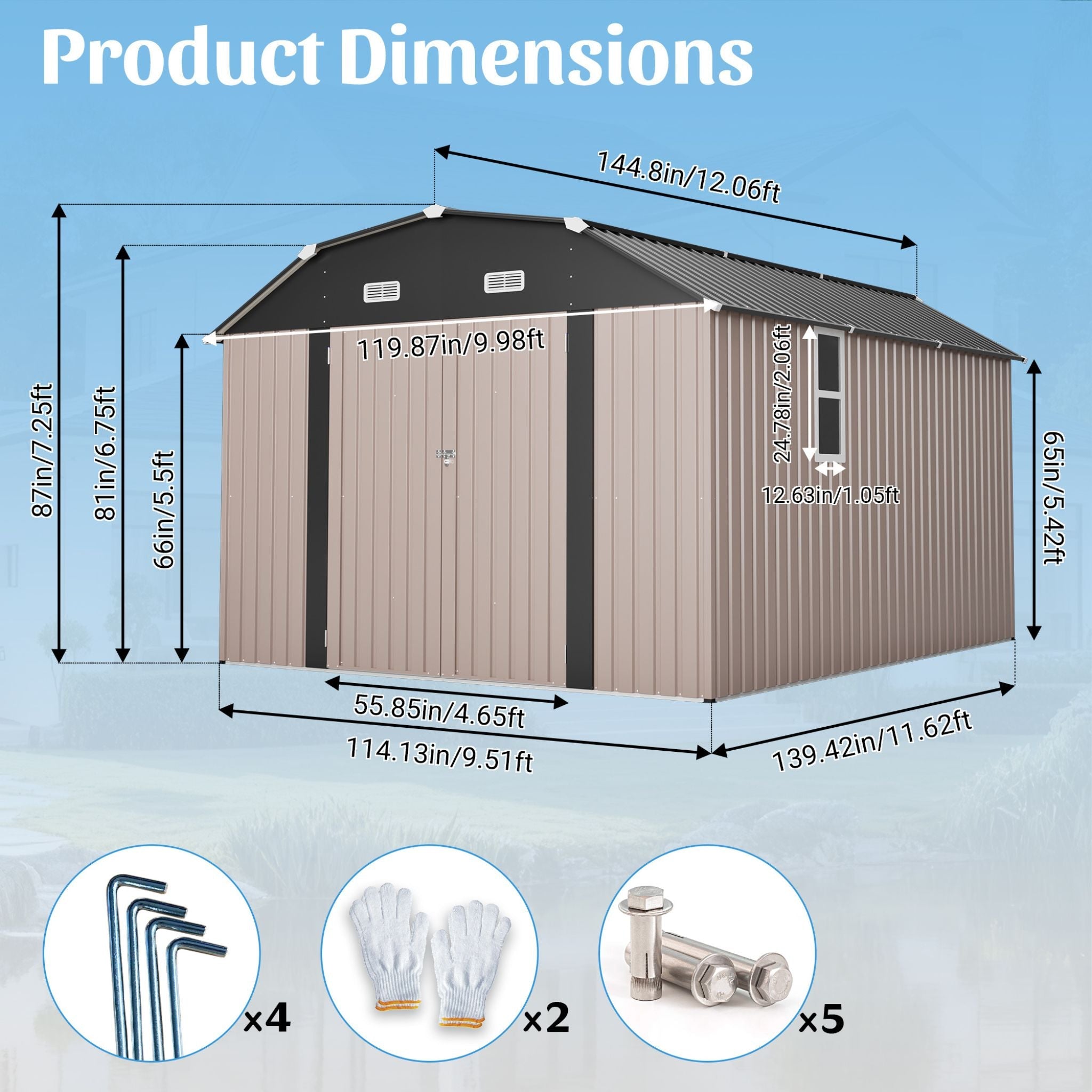 [10X12FT] Alora Heavy-Duty Outdoor Metal Storage Shed With Floor (SAK91820)