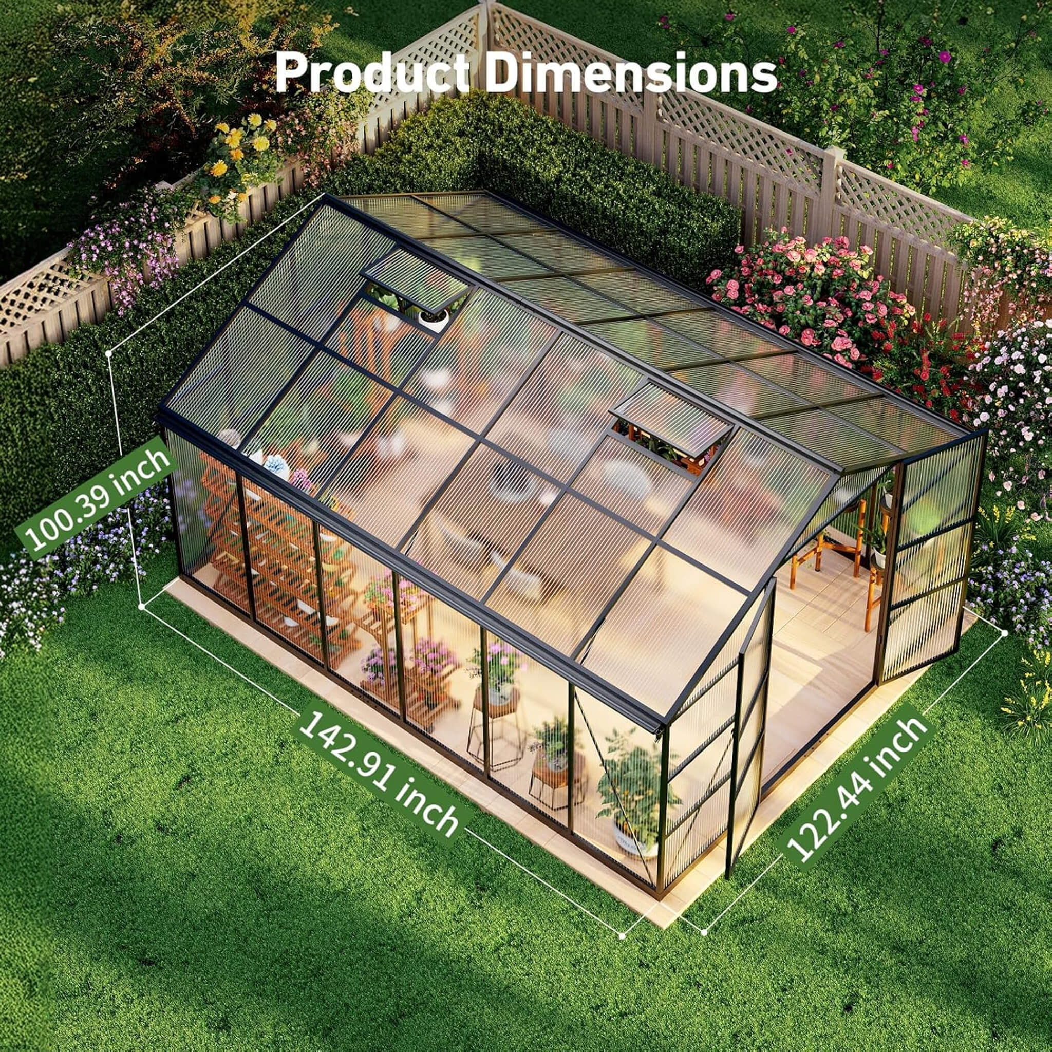 [10X12FT] Outdoor Polycarbonate Aluminum Greenhouse With UV Protection And Thermometer (SAK59183)
