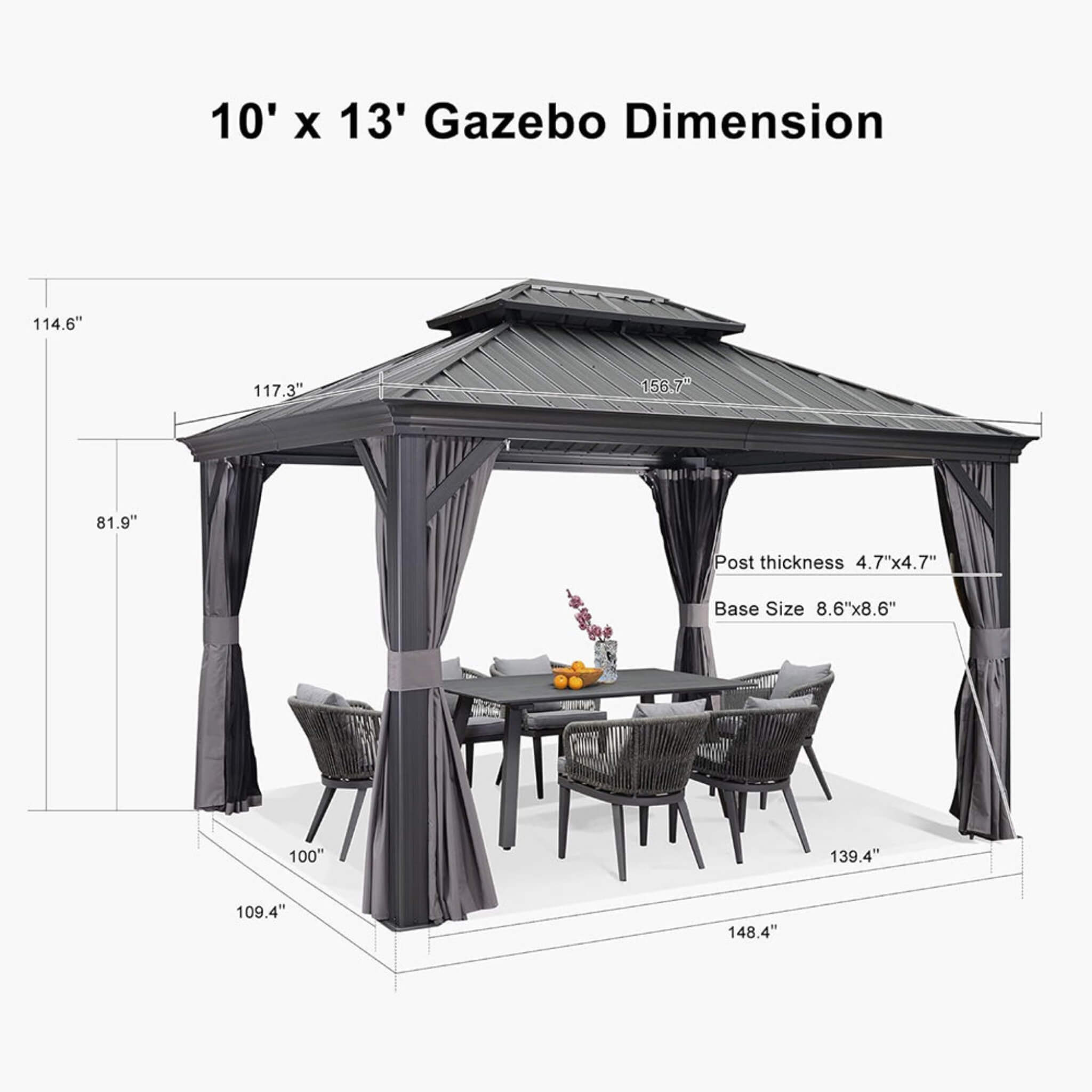 [10X13FT] Alora Large Premium Outdoor Hardtop Aluminum Gazebo With Galvanized Steel Double Roof (SAK74826)