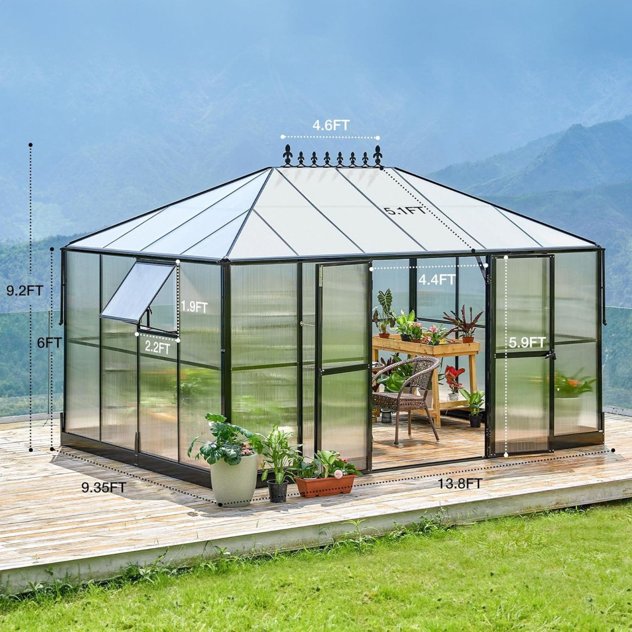 [10X14FT] Premium Outdoor Polycarbonate Greenhouse With Aluminum Frame And Double Swing Doors (SAK23168)