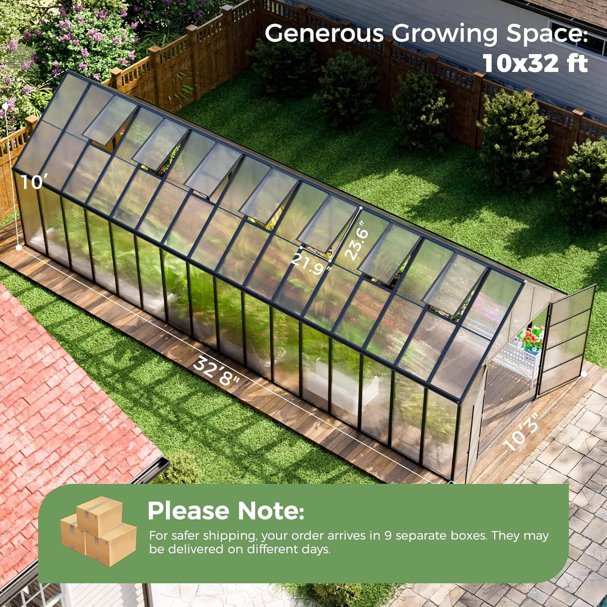 [10X32FT] Heavy-Duty Outdoor Aluminum Polycarbonate Greenhouse With Roof Vents And Swing Doors, 4MM (SAK10483)