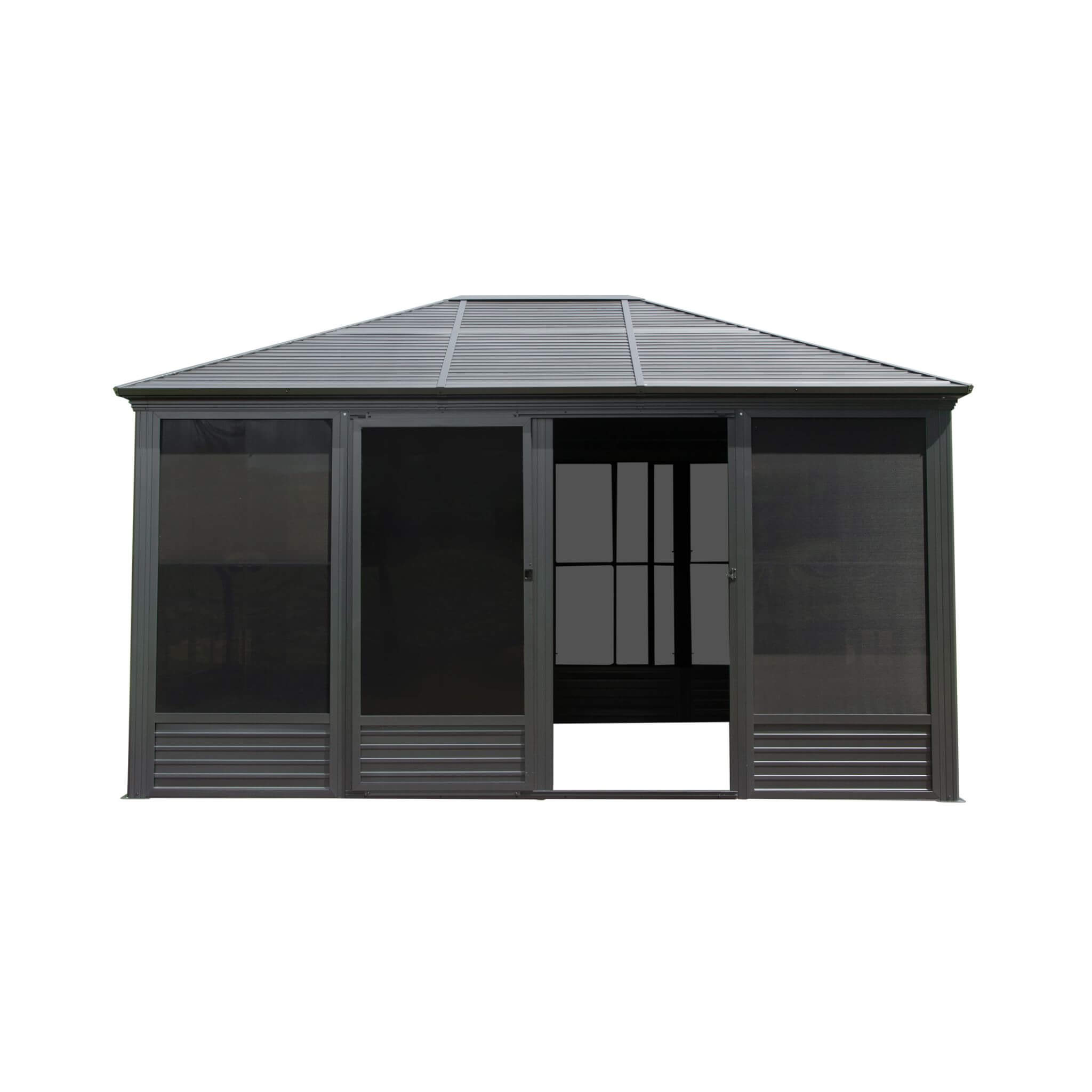 [11X14FT] Premium Four Season Outdoor Aluminum Hardtop Gazebo Sunroom With Galvanized Steel Roof, Sliding Doors And Movable PVC Screen Walls (SAK88776)
