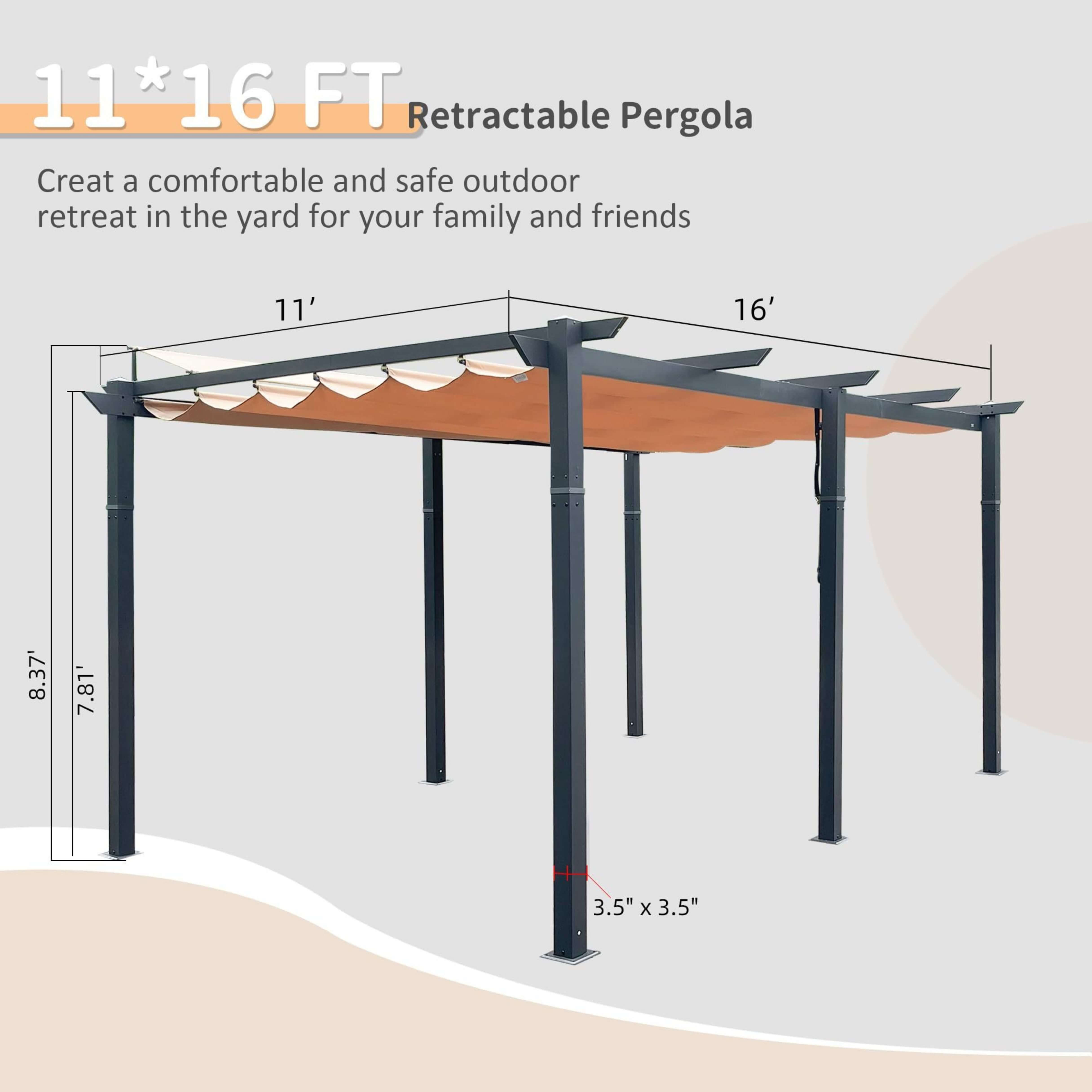 [11X16FT] Alora Heavy-Duty Outdoor Retractable Aluminum Pergola With Weather-Resistant Canopy (SAK91853)