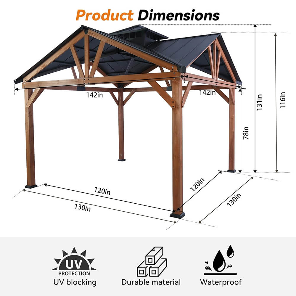 [12X12FT] Alora Premium Outdoor Cedar Wood Hardtop Gazebo With Galvanized Steel Roof (SAK31864)