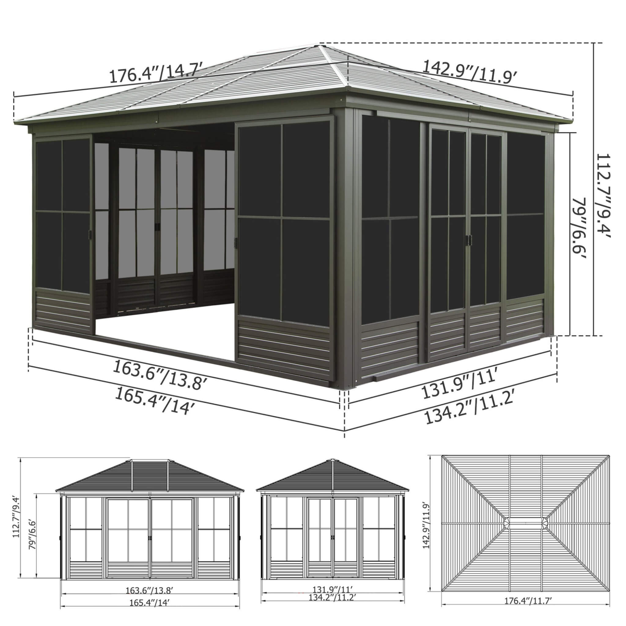 [12X14FT] Alora Premium All-Weather Outdoor Aluminum Sunroom With Galvanized Steel Hardtop Sloping Roof, Lockable Doors, And Moveable PC Screens (SAK76831)