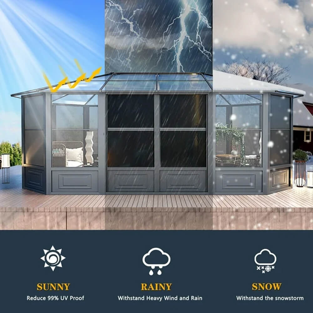 [12x18FT] Alora Large Luxury Outdoor All-Season Aluminum Solarium Sunroom With Polycarbonate Hardtop And Sliding Doors (SAK35948)