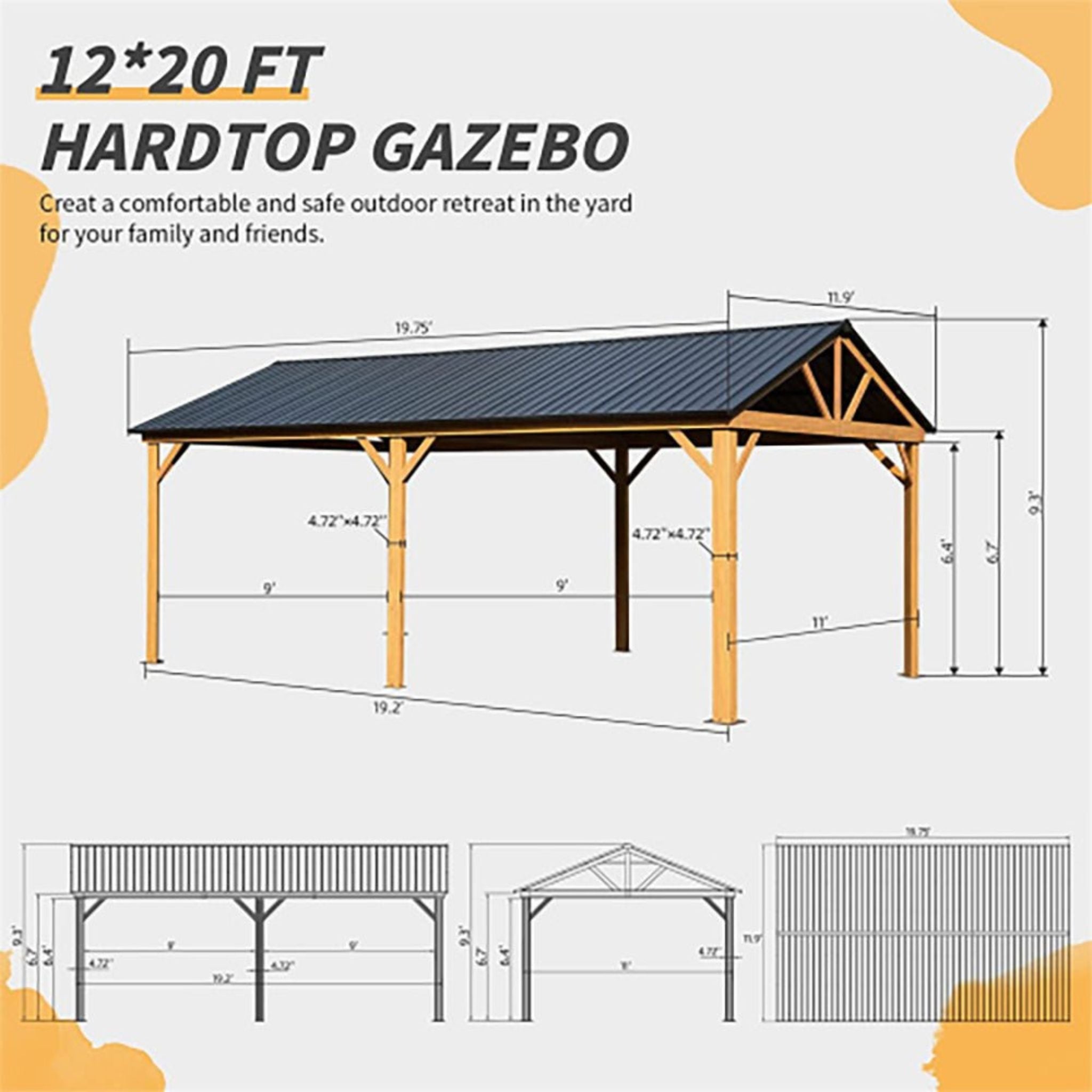 [12X20FT] Premium Outdoor Double-Layer Galvanized Steel Hardtop Gazebo Pergola For Patio (SAK46095)