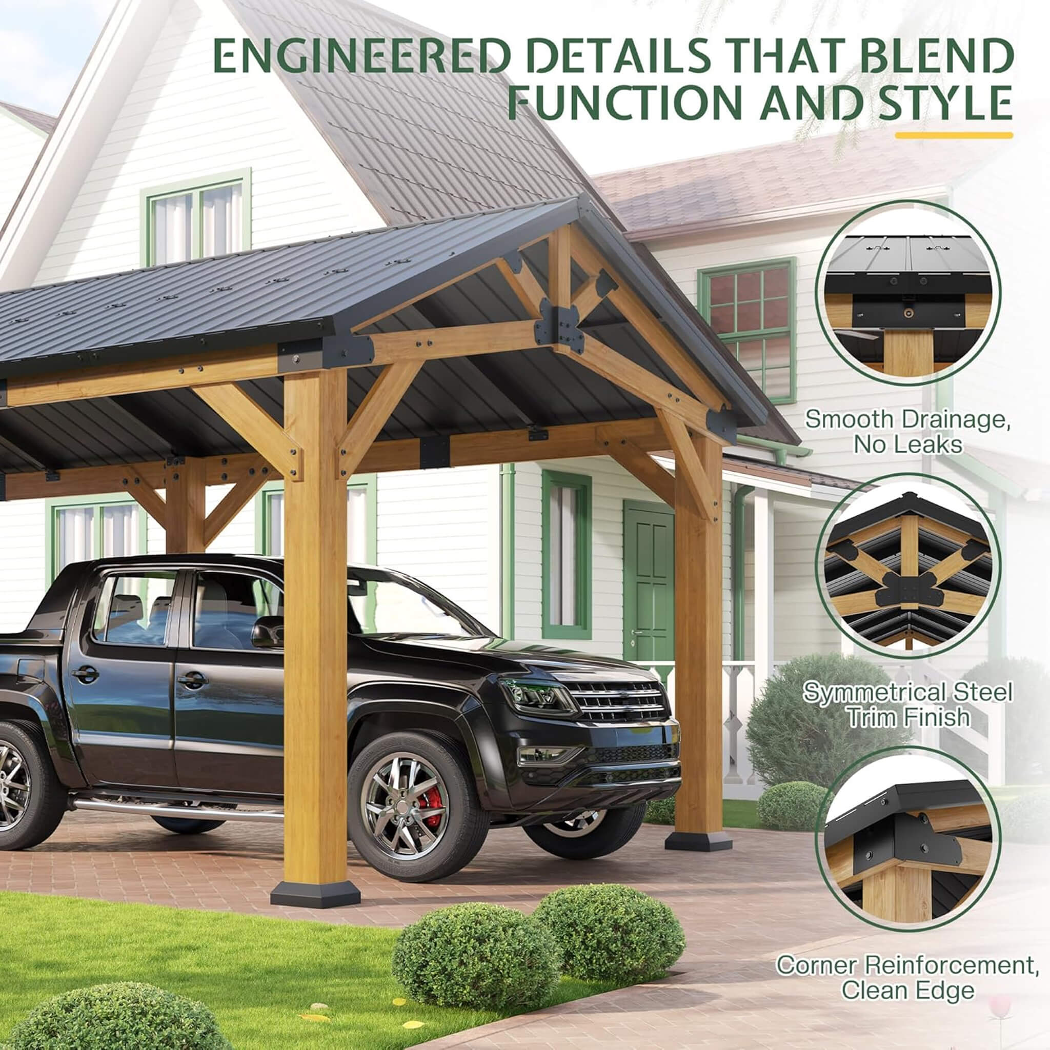 [12X24FT] Alora Large Heavy-Duty Outdoor Cedar Wood Hardtop Carport With Galvanized Steel Roof (SAK48392)