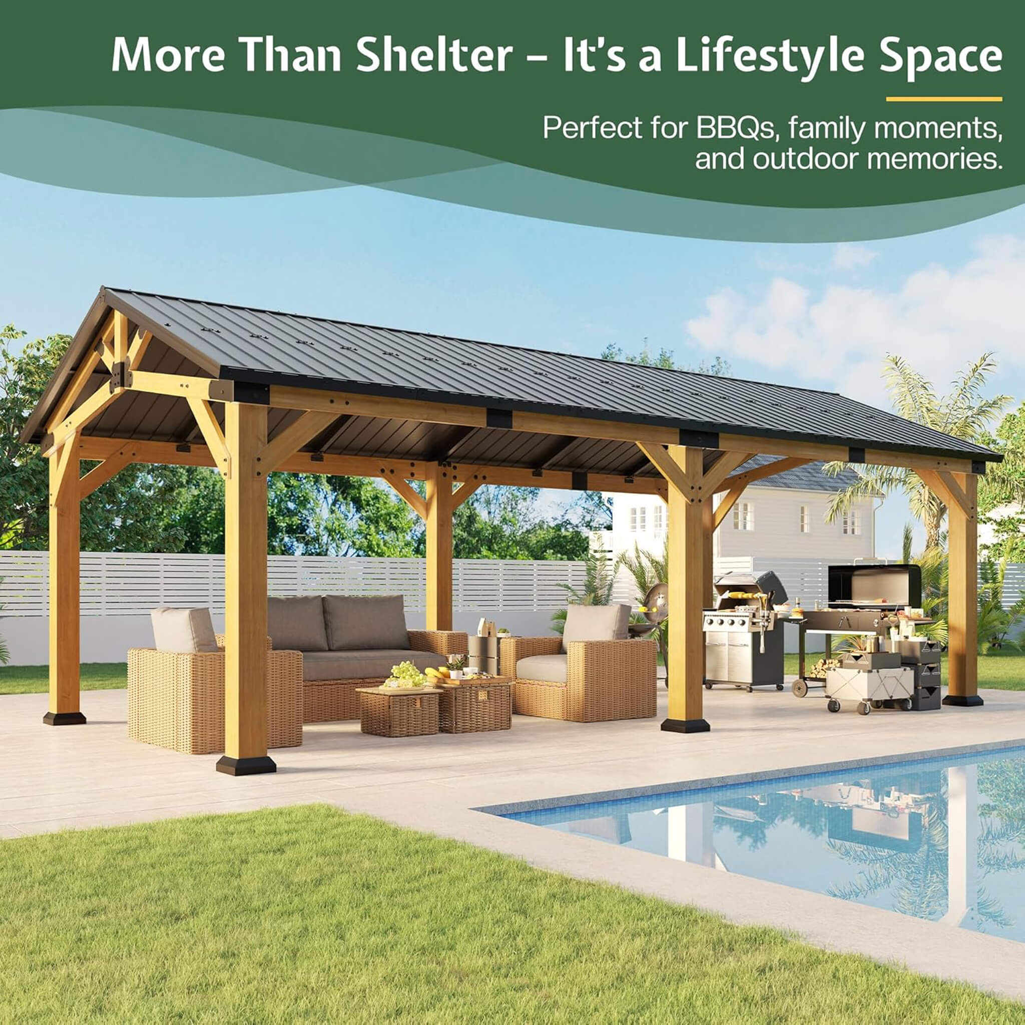 [12X24FT] Alora Large Heavy-Duty Outdoor Cedar Wood Hardtop Carport With Galvanized Steel Roof (SAK48392)