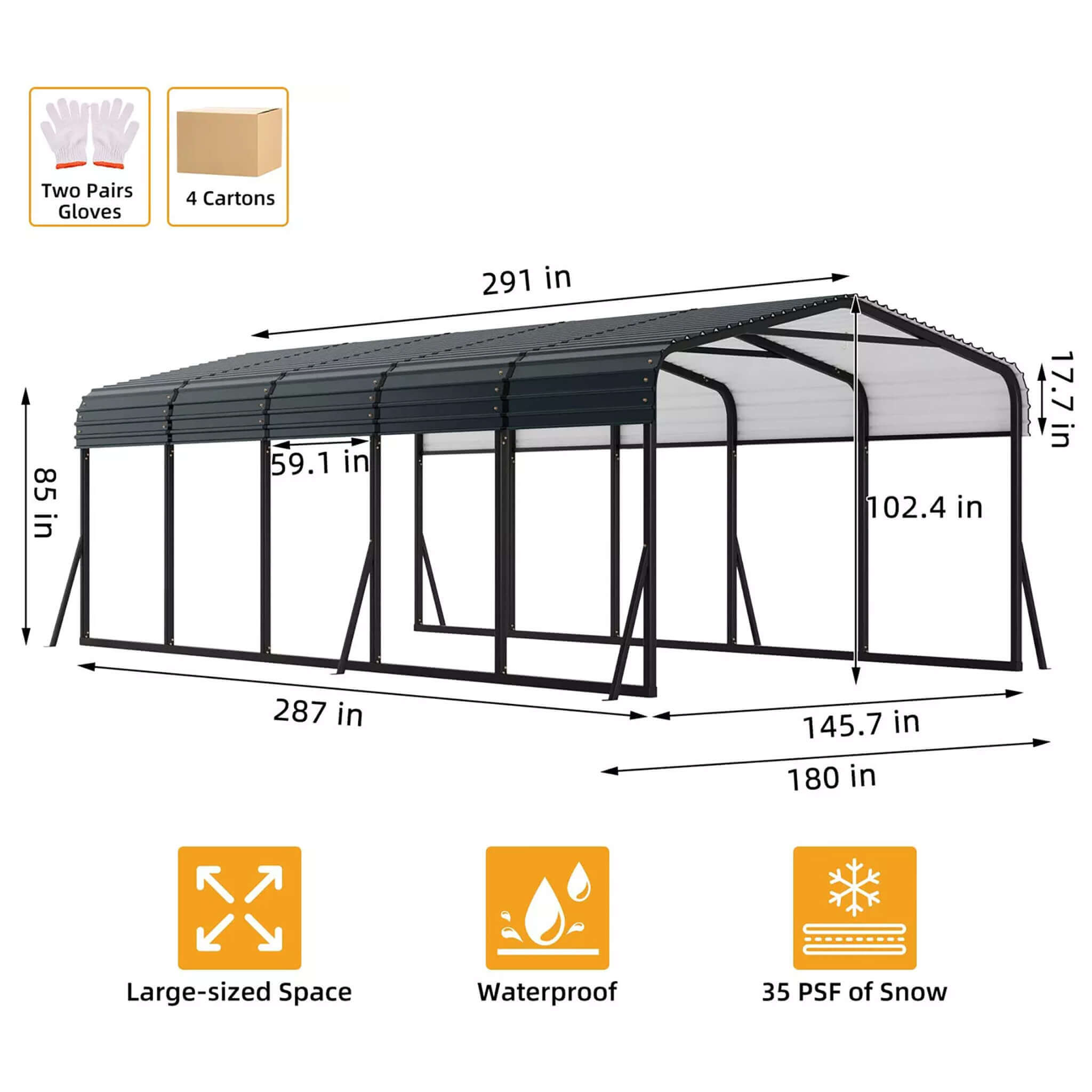 [12X24FT] Alora Large Heavy-Duty Outdoor Metal Carport Kit With Galvanized Steel Roof (SAK53849)