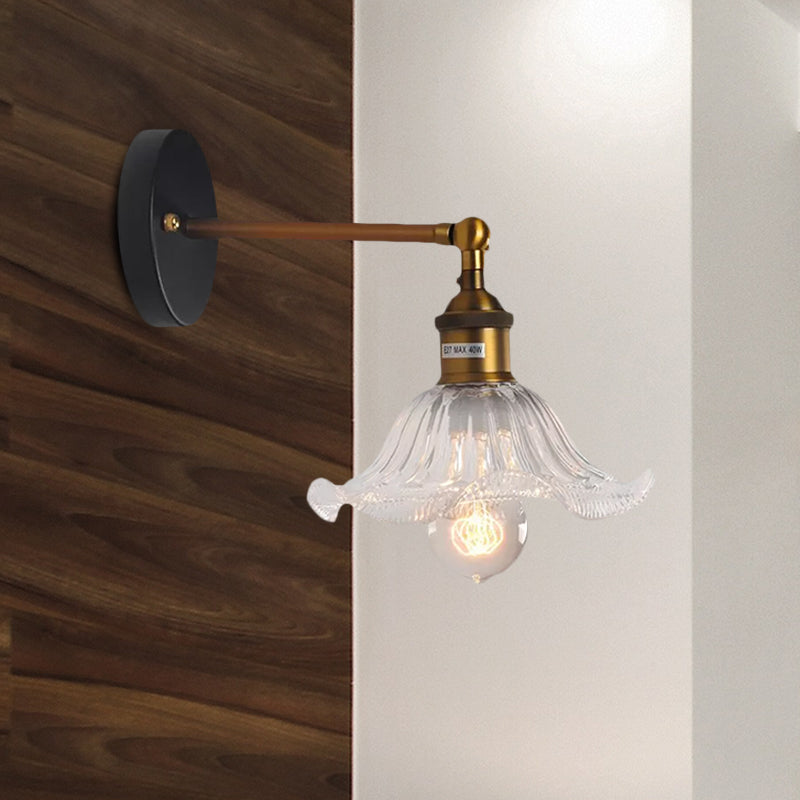Industrial Elegance: Brass Cone Wall Sconce with Clear Ribbed Glass