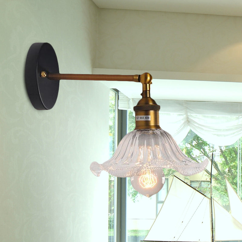 Industrial Elegance: Brass Cone Wall Sconce with Clear Ribbed Glass